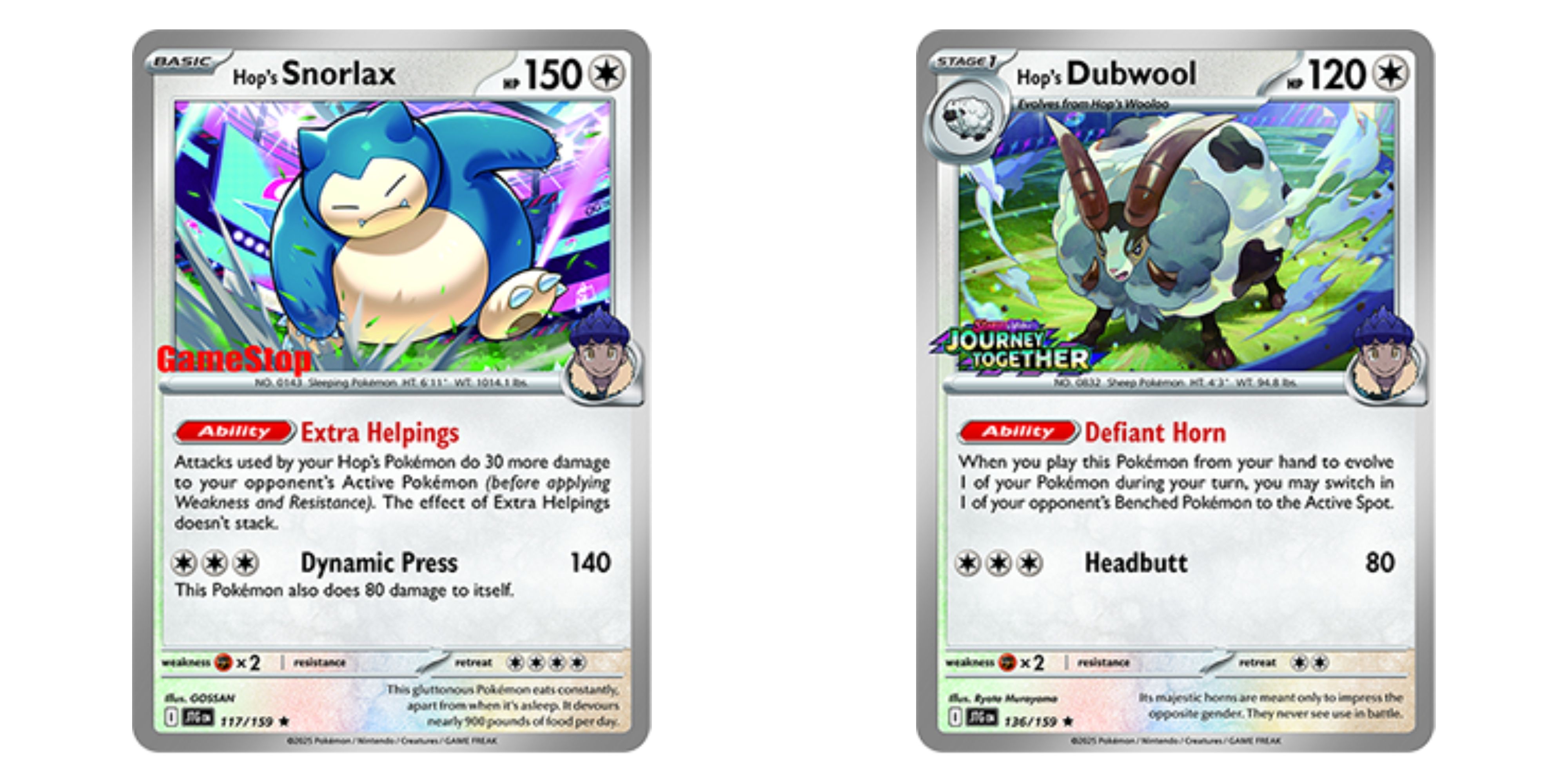 pokemon journey together hop&rsquo;s snorlax and hop&rsquo;s dubwool promo cards.