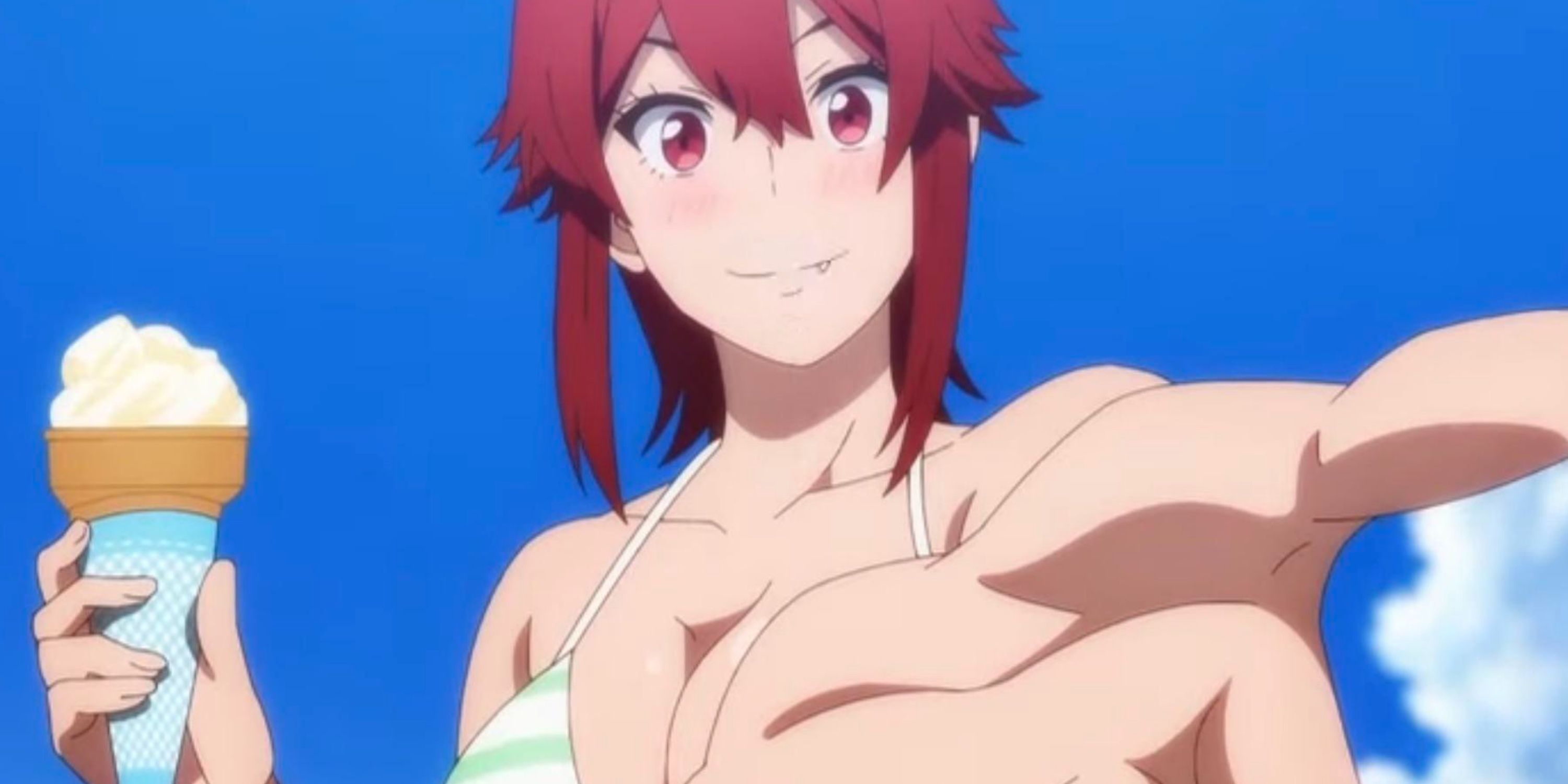 Holding Tomo ice cream and reaching the tumo to her crush is a girl. 