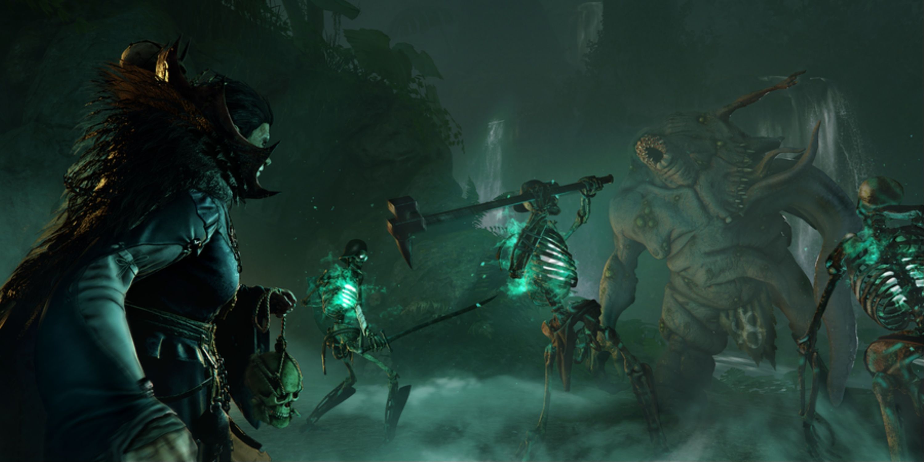 The Necromancer in Vermintide 2 sends her skeletons against a Chaos Spawn.