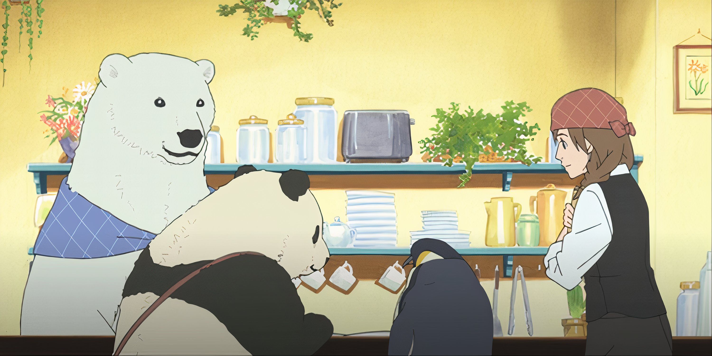 Sherokoma, Panda, Penguin and Sasasco are looking down an open book.