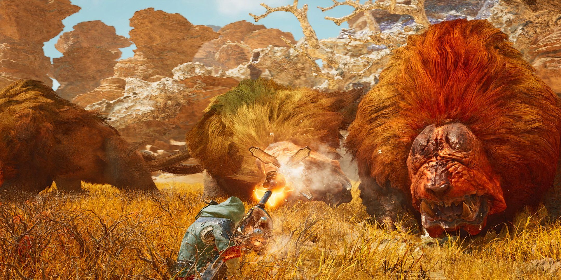 Monster Hunter Wilds character fighting a pack of doshaguma.