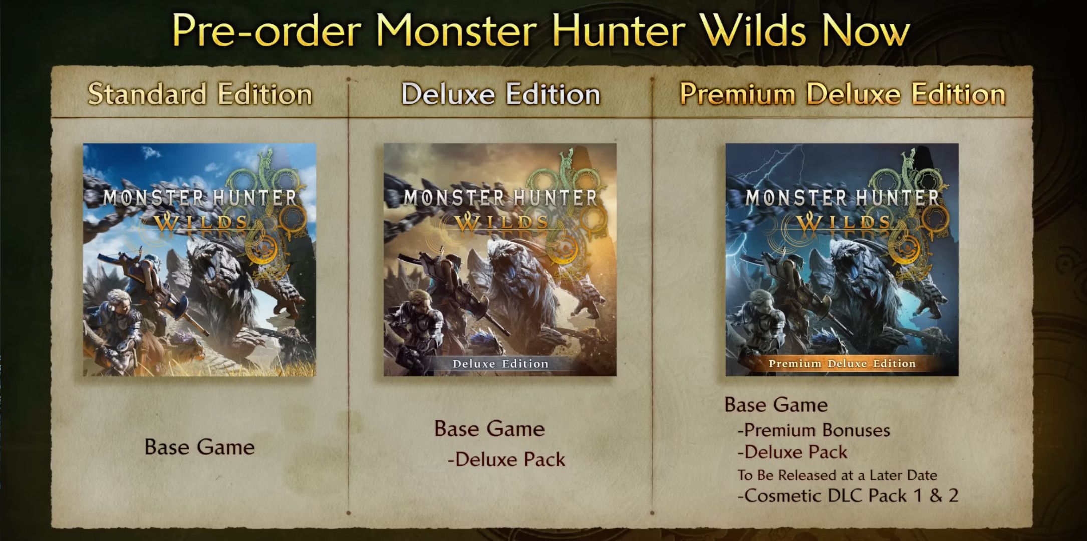 An image of the different purchase options for Monster Hunter Wilds.