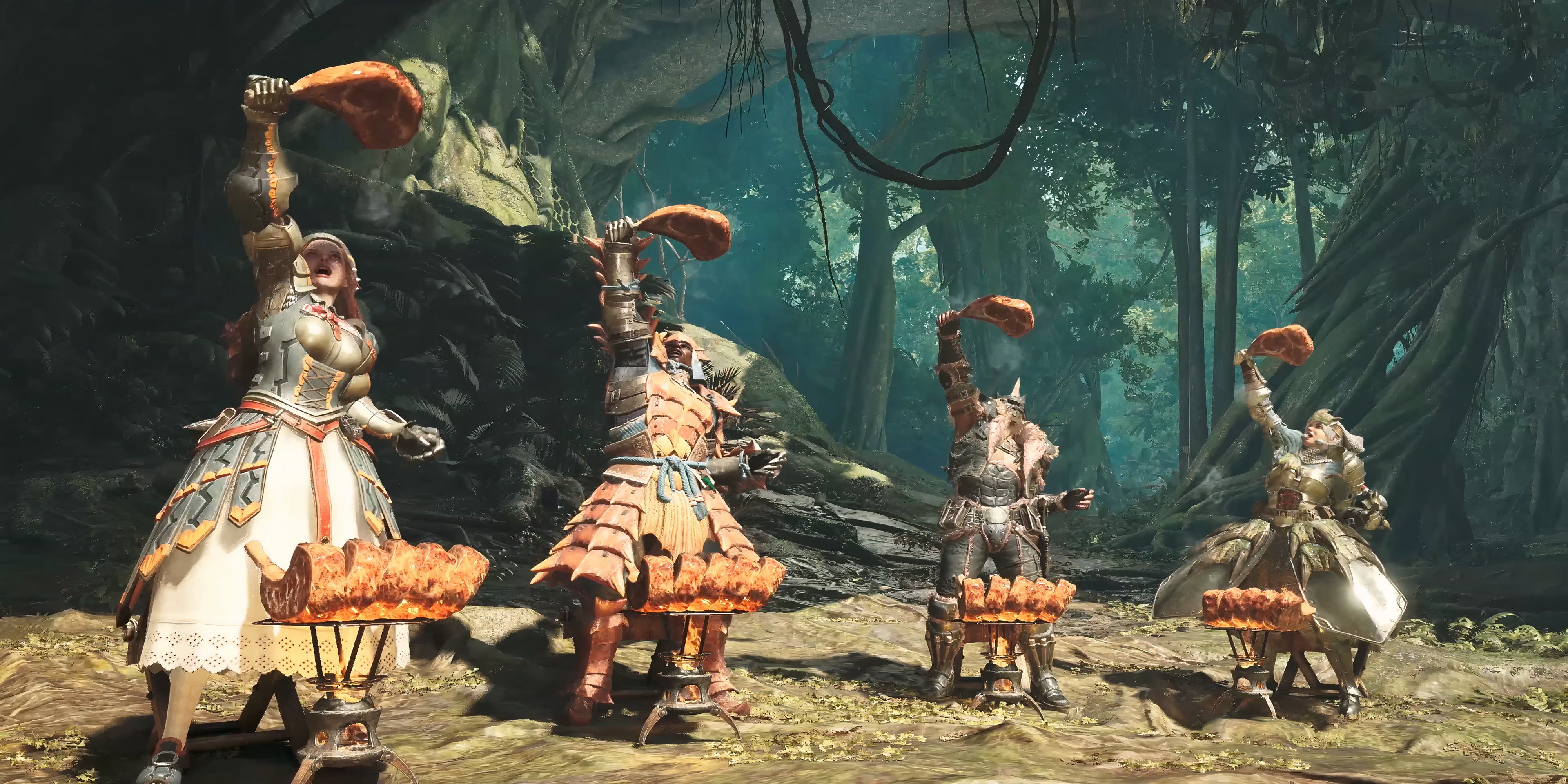 Monster hunter wilds hunters standing together holding up meat.