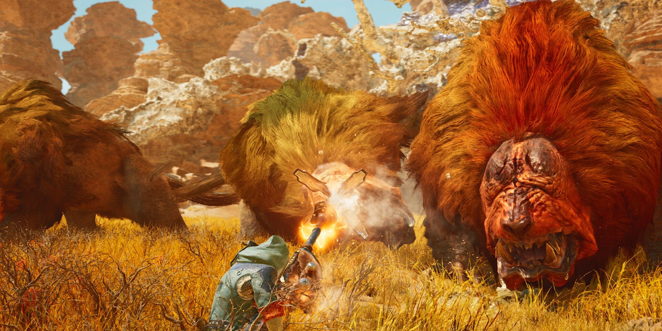 A Hunter fighting a large monster in Monster Hunter Wilds.