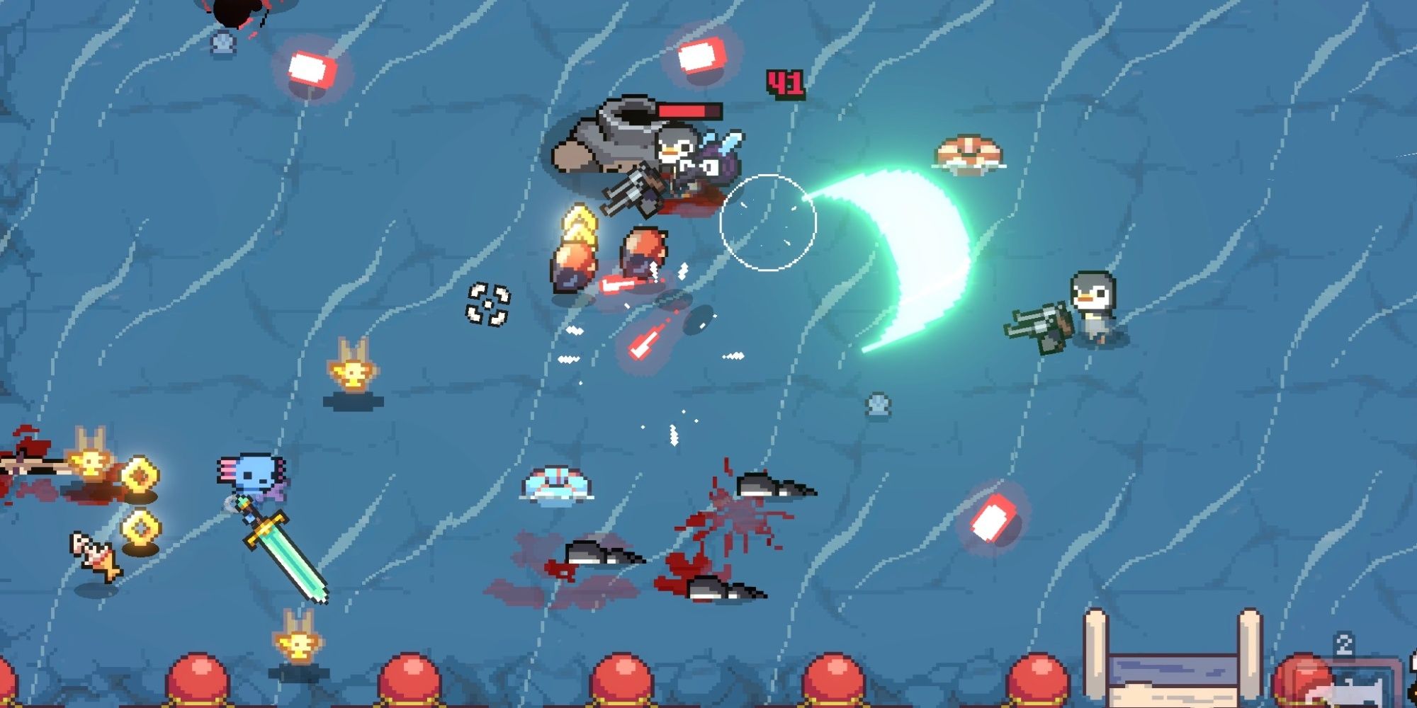 A blue axolotl swings a great blue sword, on the right is the cresent the swing produced in AK-xolotl.