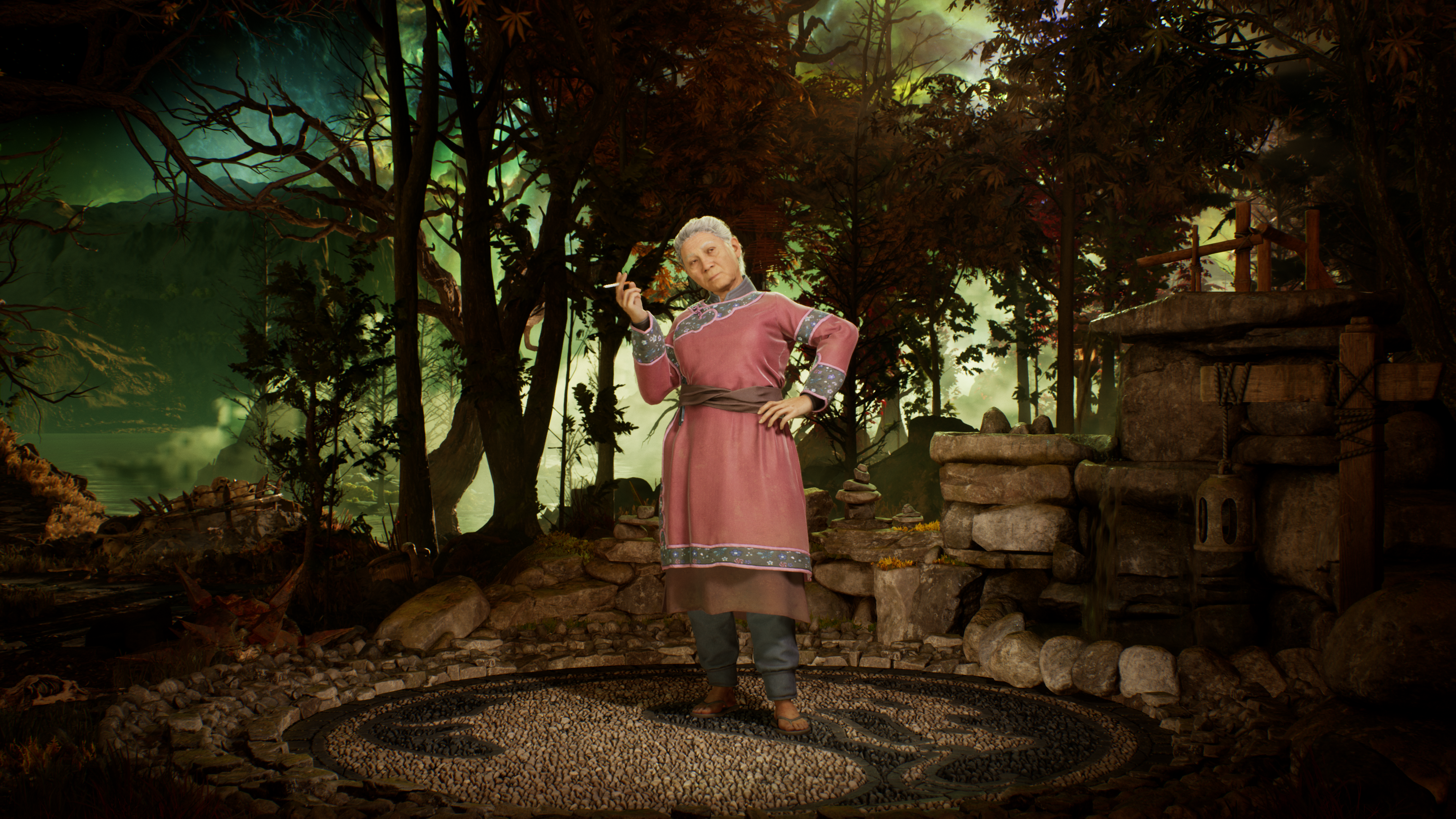 Madam Bo smoking in front of a scenery of rocks, red trees, and a green sky in Mortal Kombat 1.