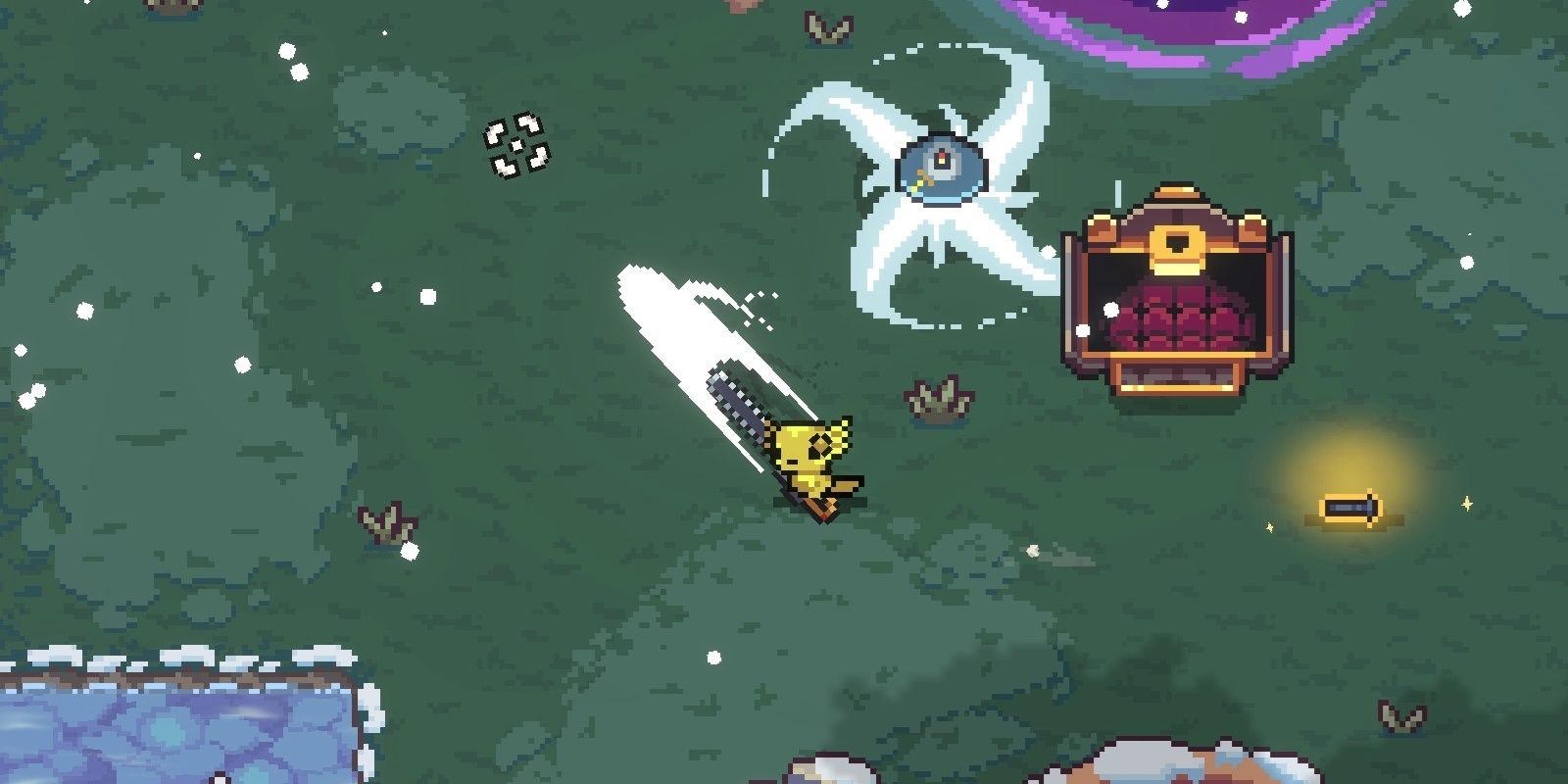 A yellow axolotl wields a chainsaw, while a roomba spins nearby an open treasure chest in AK-xolotl.