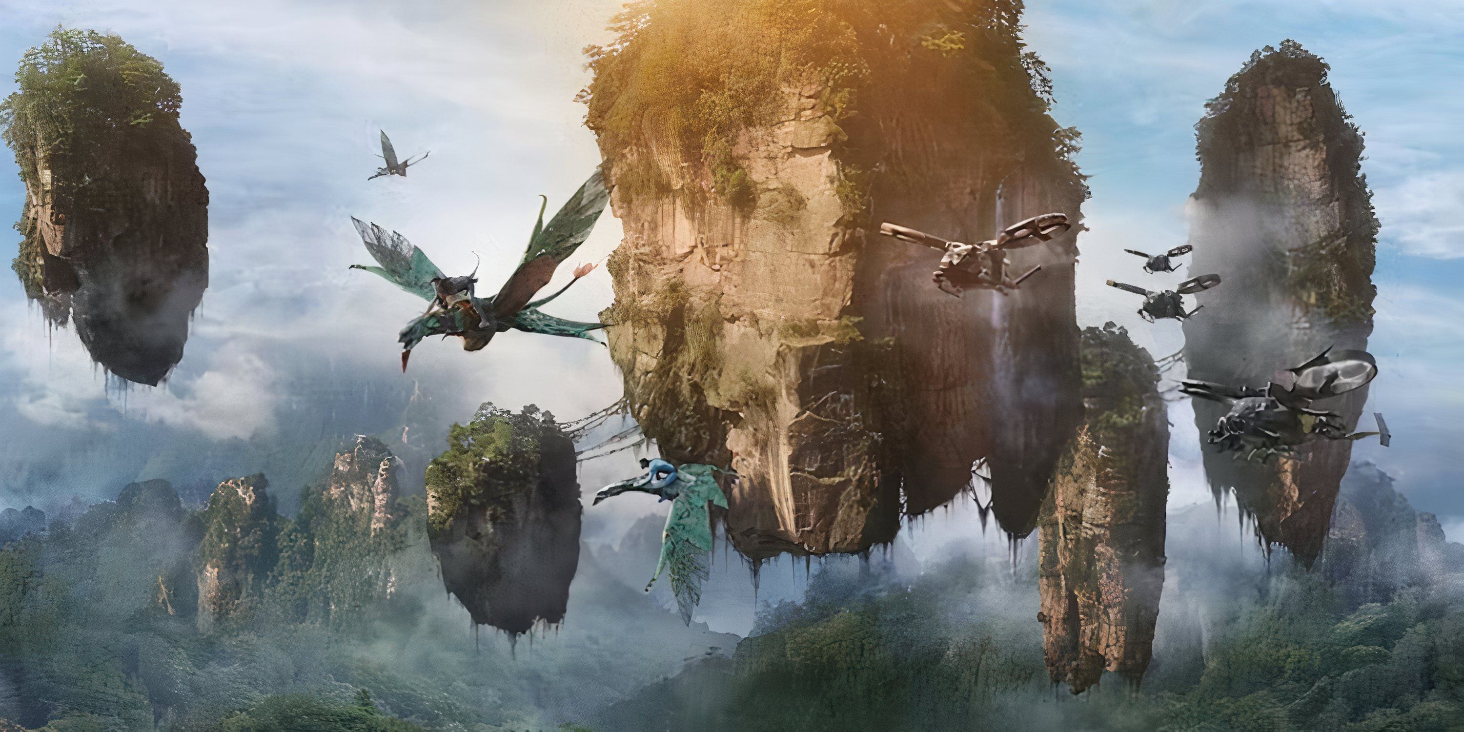 Mountain Banshees and Helicopters soar beside floating islands in Avatar.