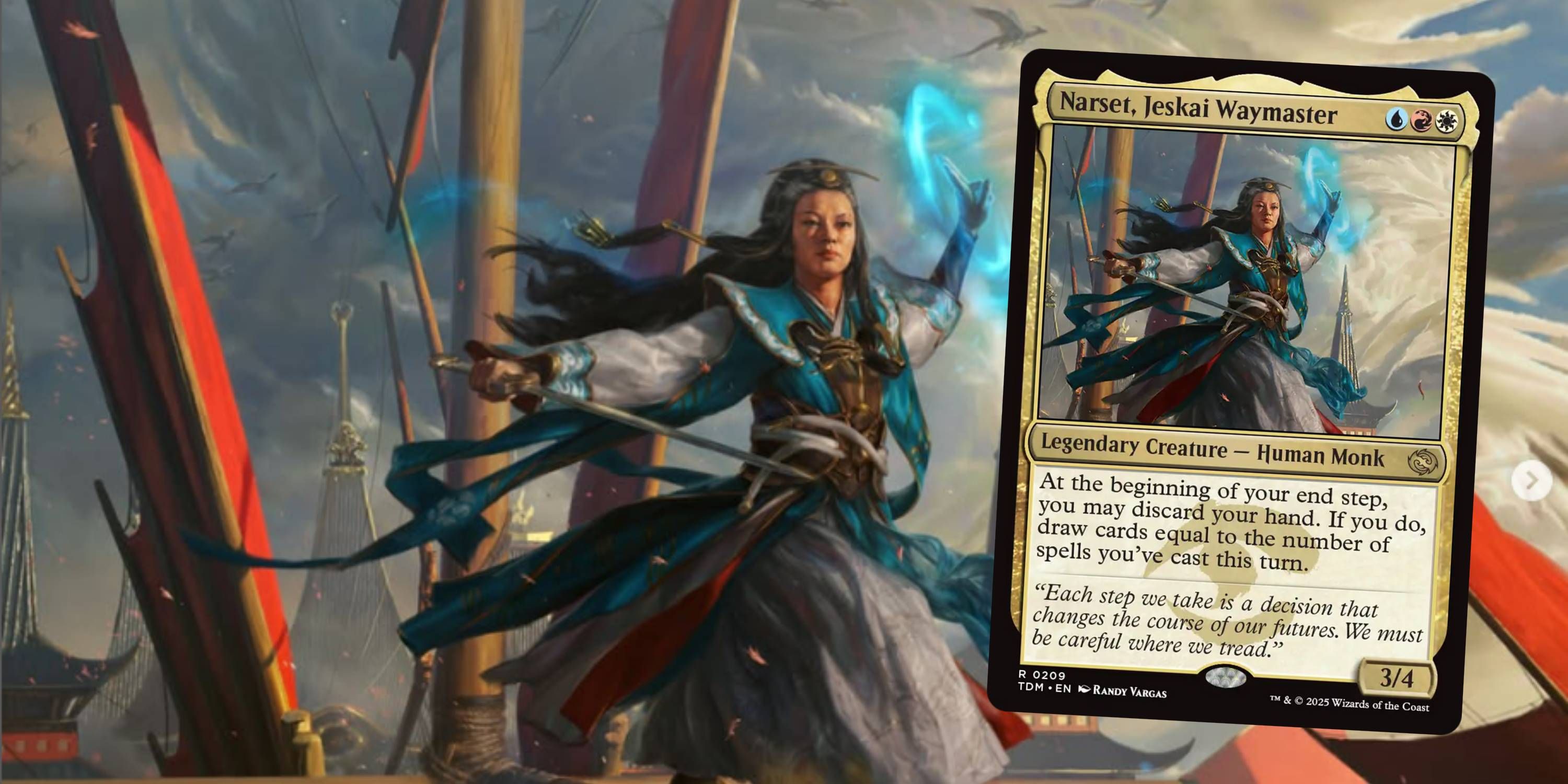 MTG Narset, Jeskai Waymaster art with the card in front of it.