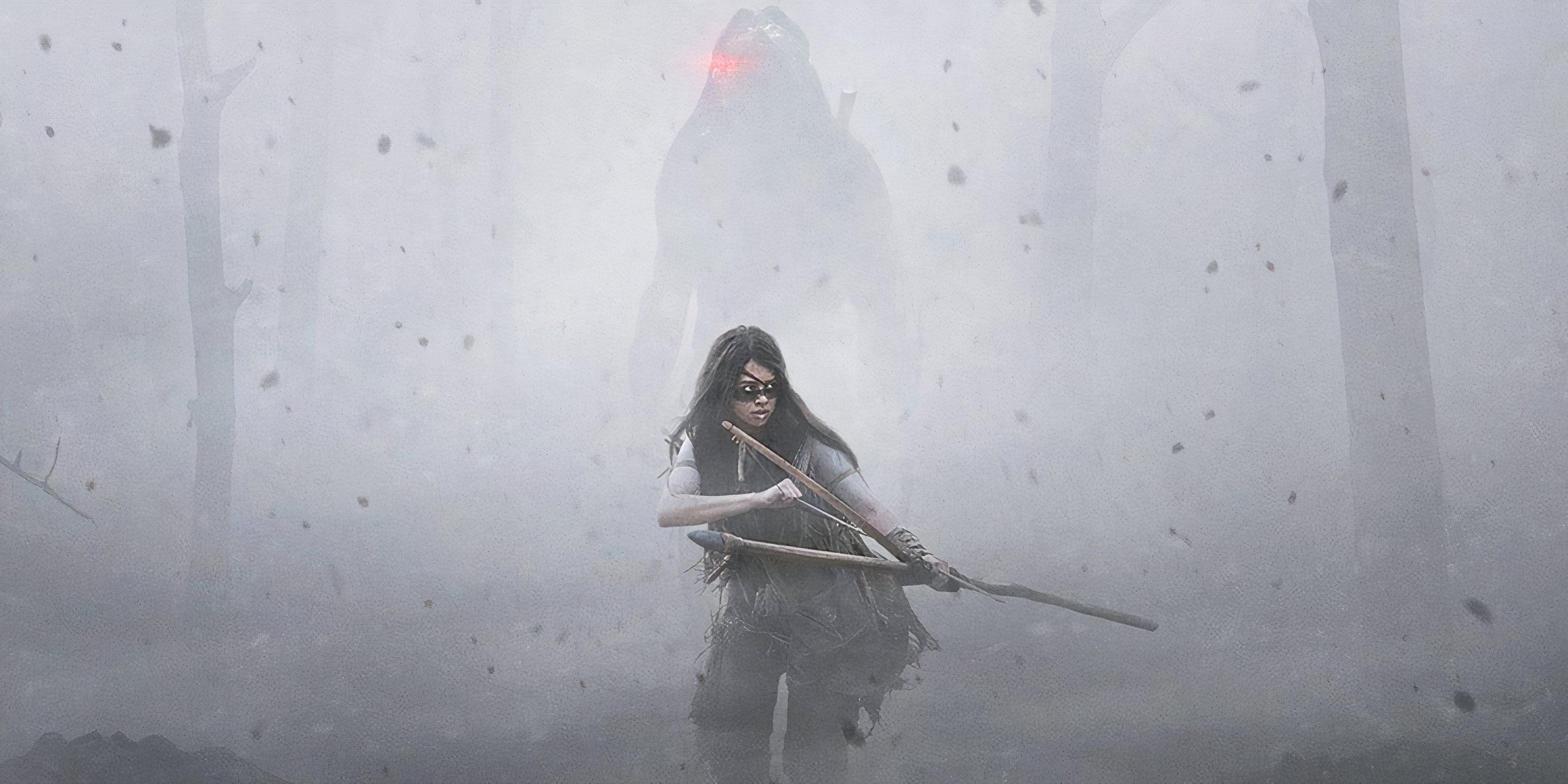 Naru walks through fog while holding her bow in Prey.