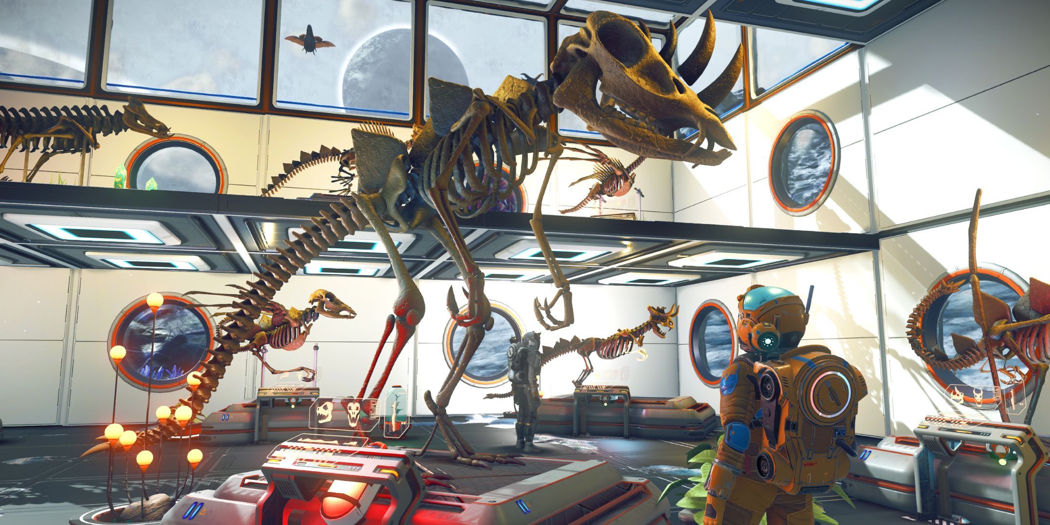A screenshot from No Man&rsquo;s Sky&rsquo;s Relics update, with a player looking at reassembled bones, that look like a dinosaur