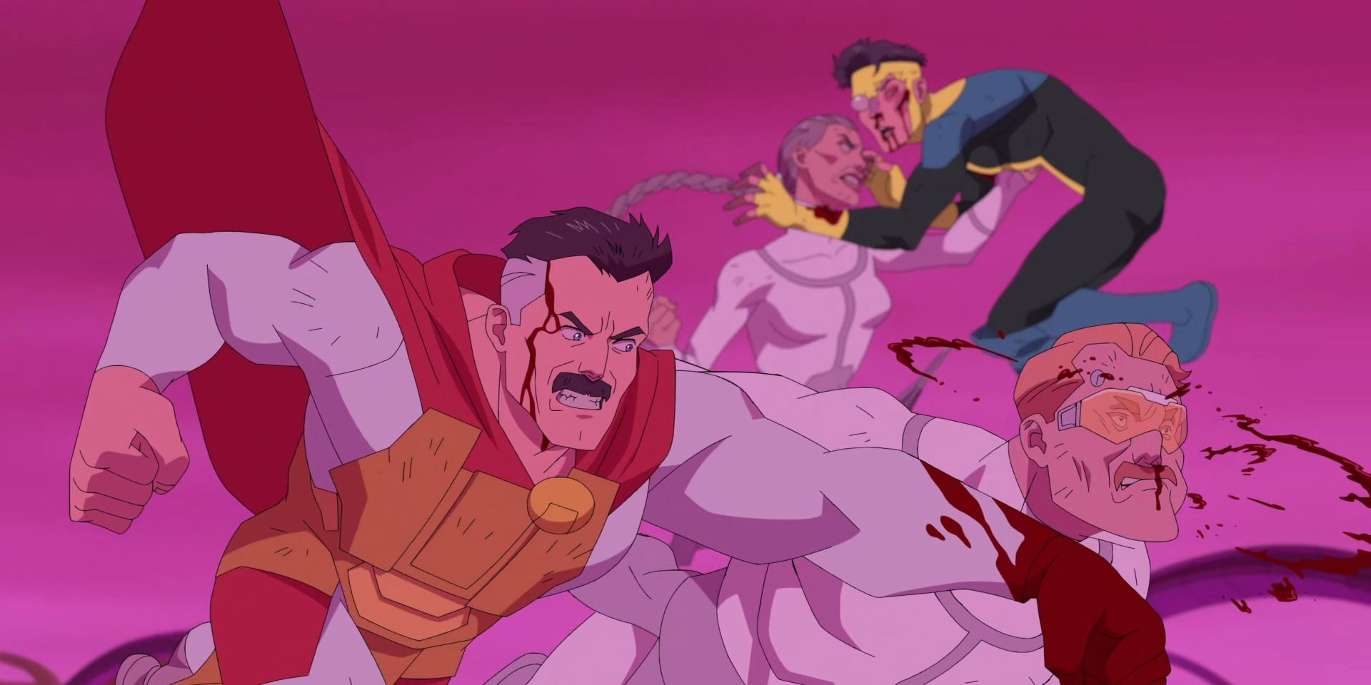 Omni-Man punching Vidor while Thula punches Invincible in Invincible.