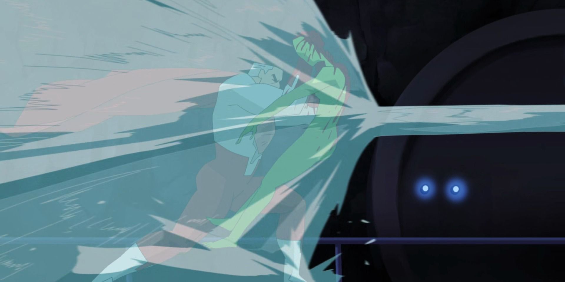 Omni-Man using Green Ghost as a shield against a water attack in Invincible.