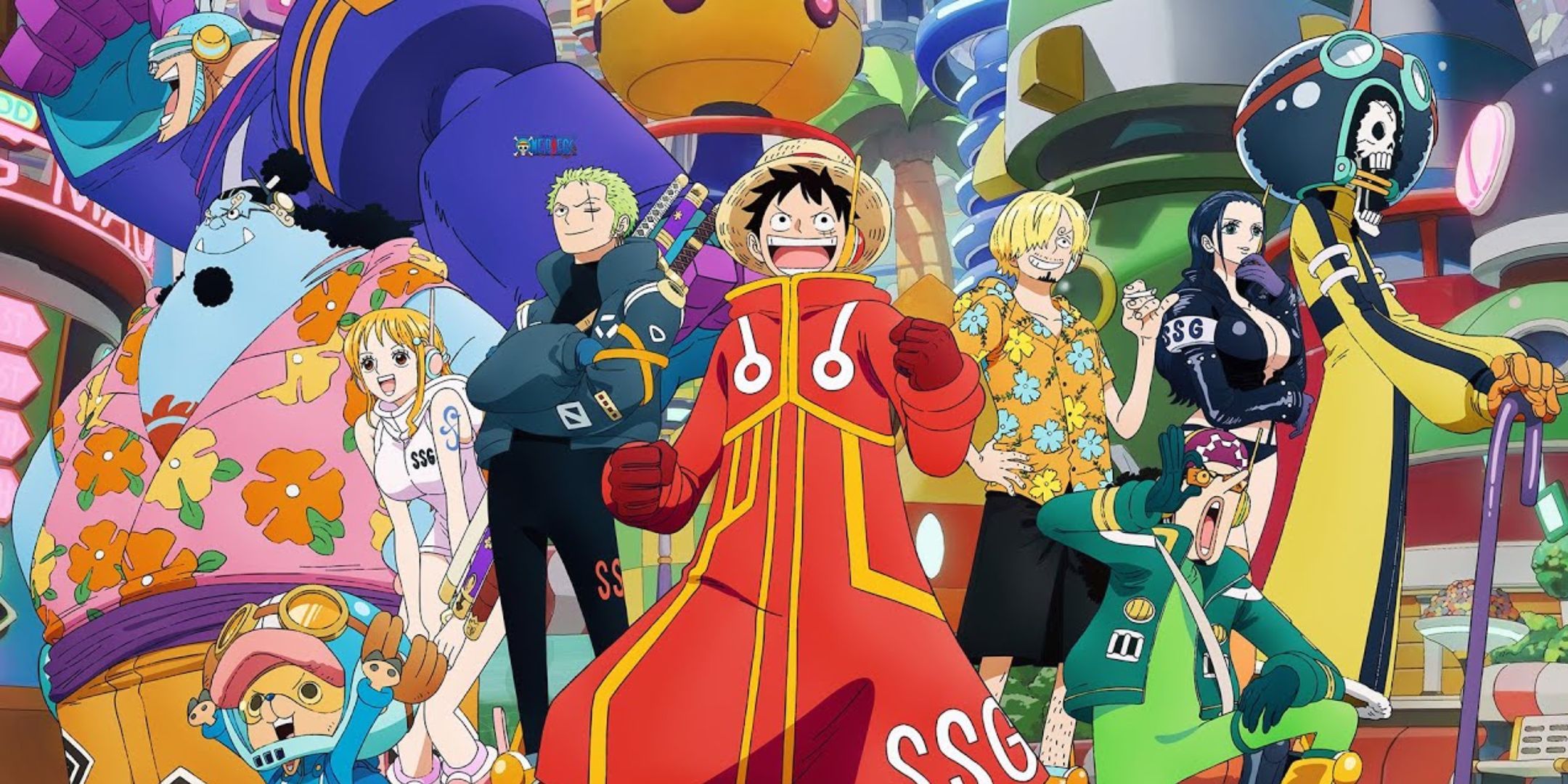 Luffy and the Straw Hat gang in the anime's Egghead Arc.