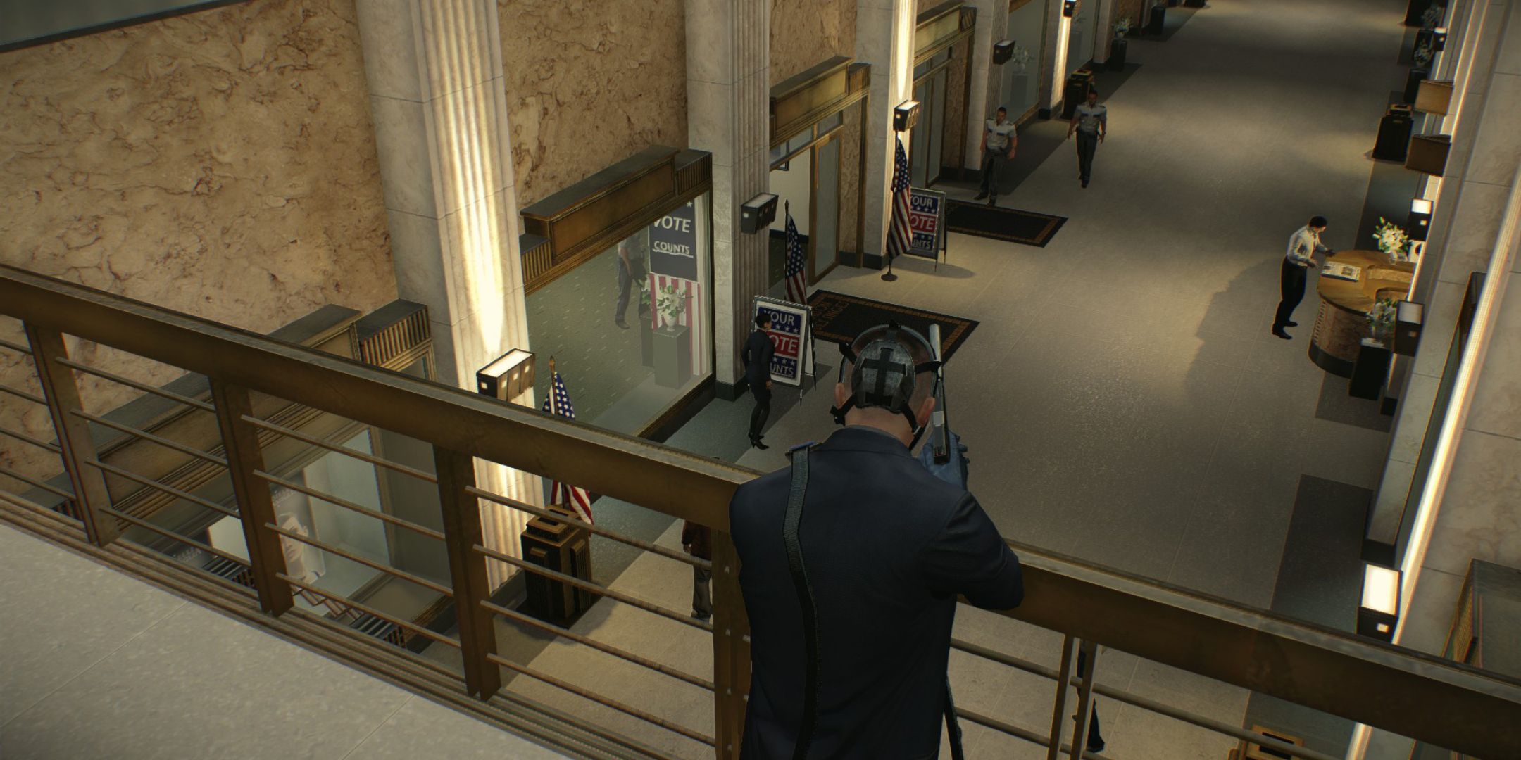 Payday 2 screenshot of robber looking down at guards.