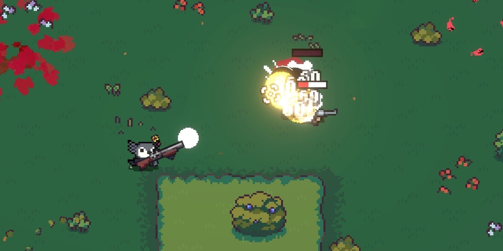 A penguin-colored axolotl wielding a shotgun, firing it at two enemies, which are obscured by the hit flash in AK-xolotl.