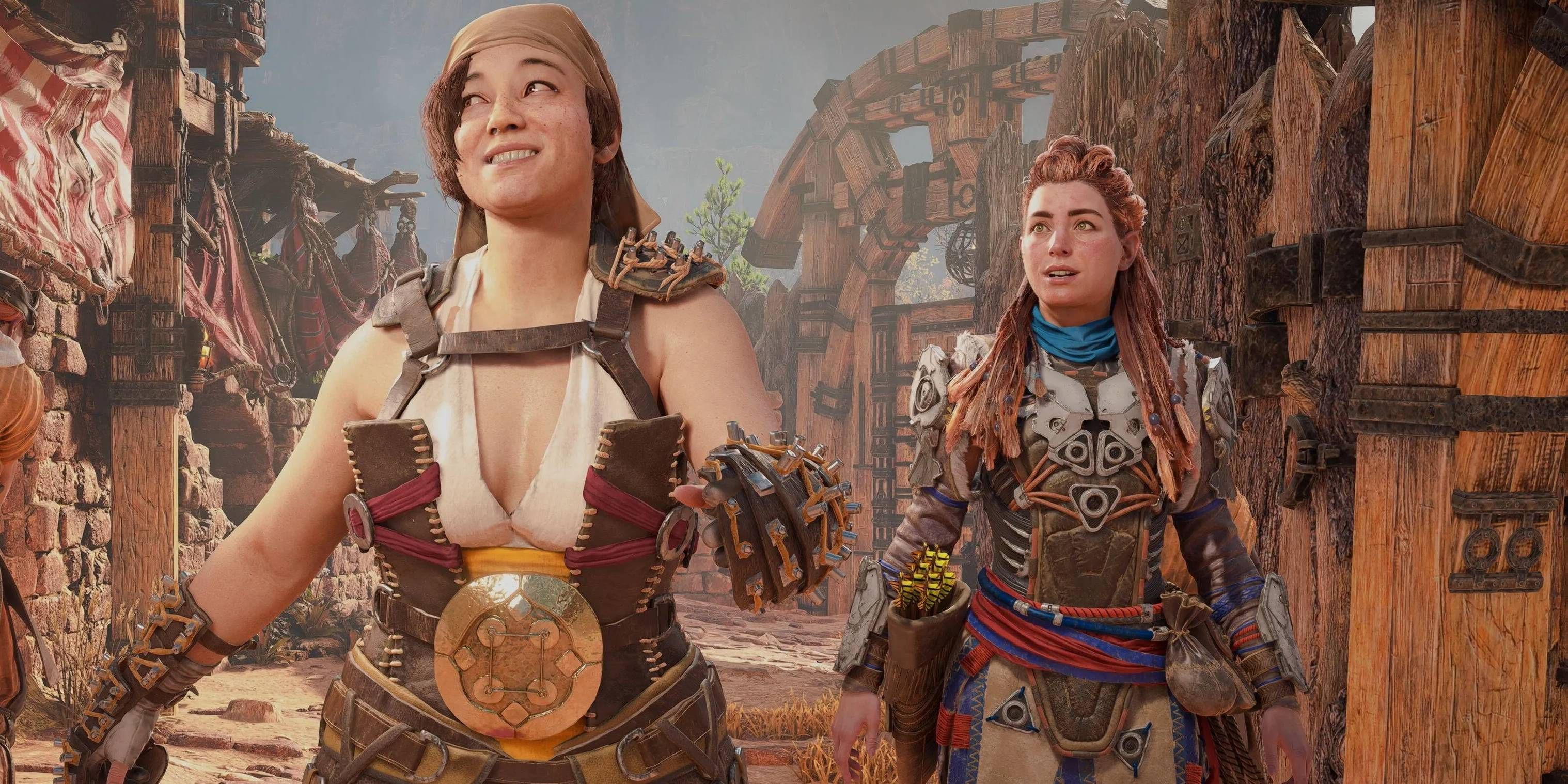 Petra giving Aloy a tour of Chainscrape in Horizon: Forbidden West.