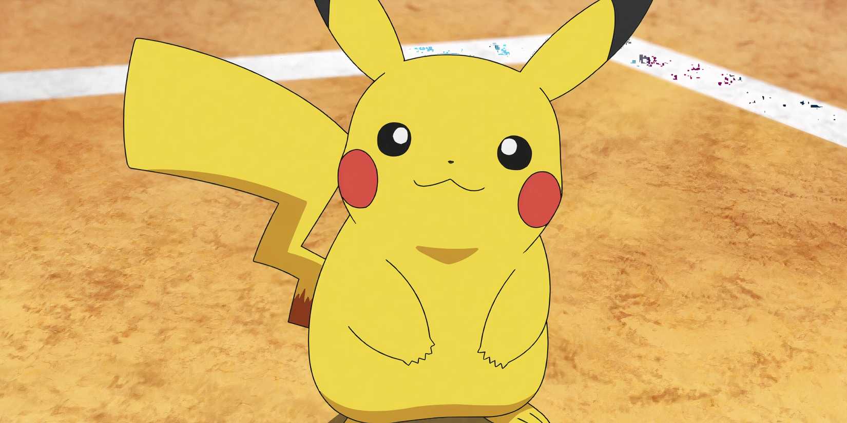 Pikachu smiling at the camera in the Pokemon anime.