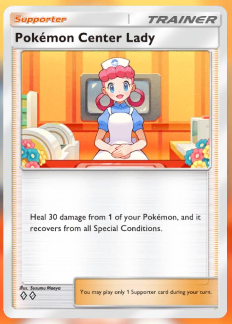 The Pokemon Center Lady card, from Pokemon TCG Pocket.