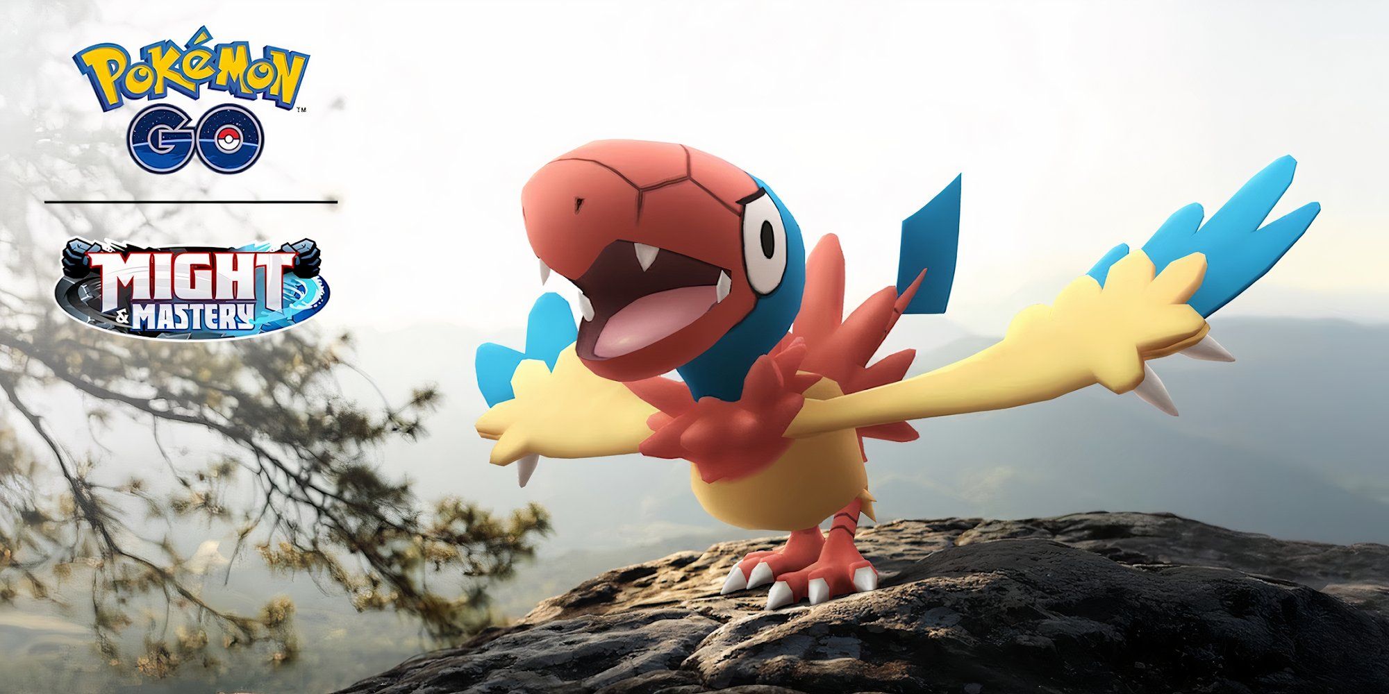 Image of Archen from Pokemon standing on a tree branch.