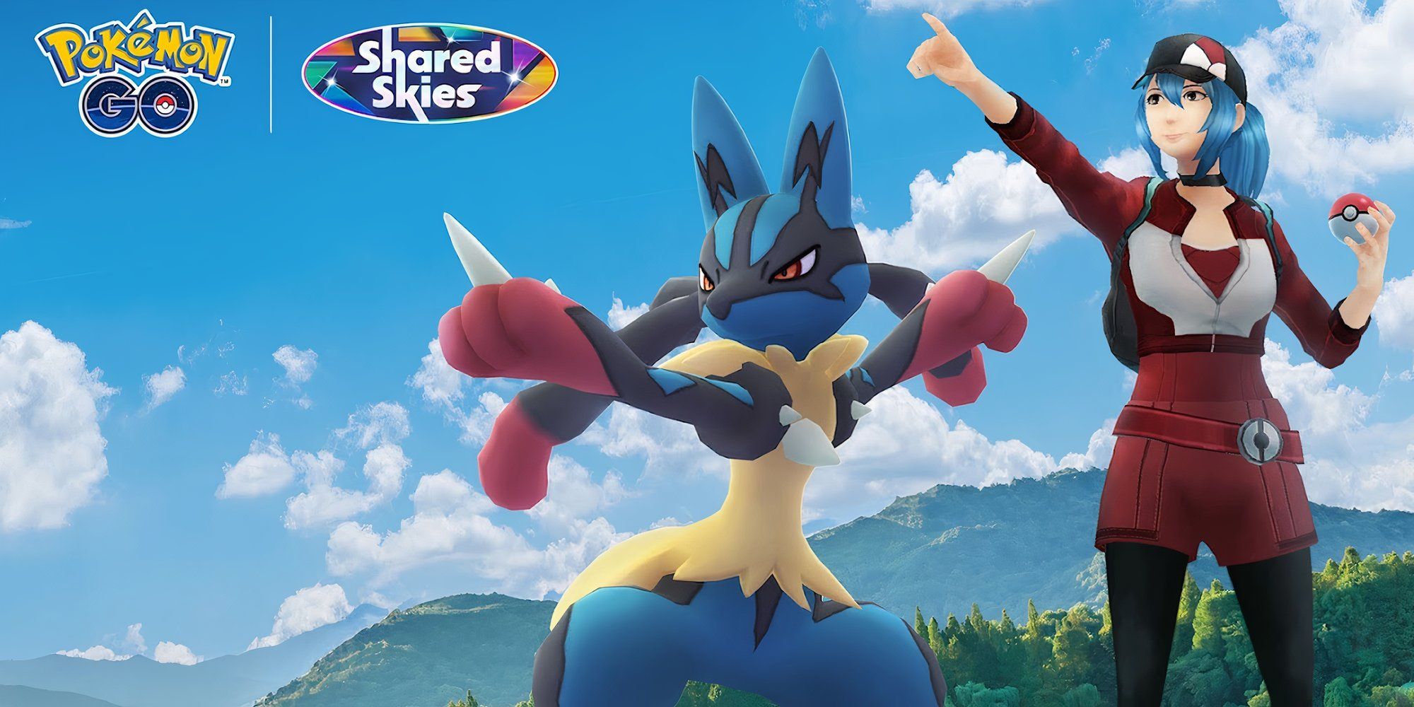 Image of Mega Lucario standing next to a Pokemon Go trainer.