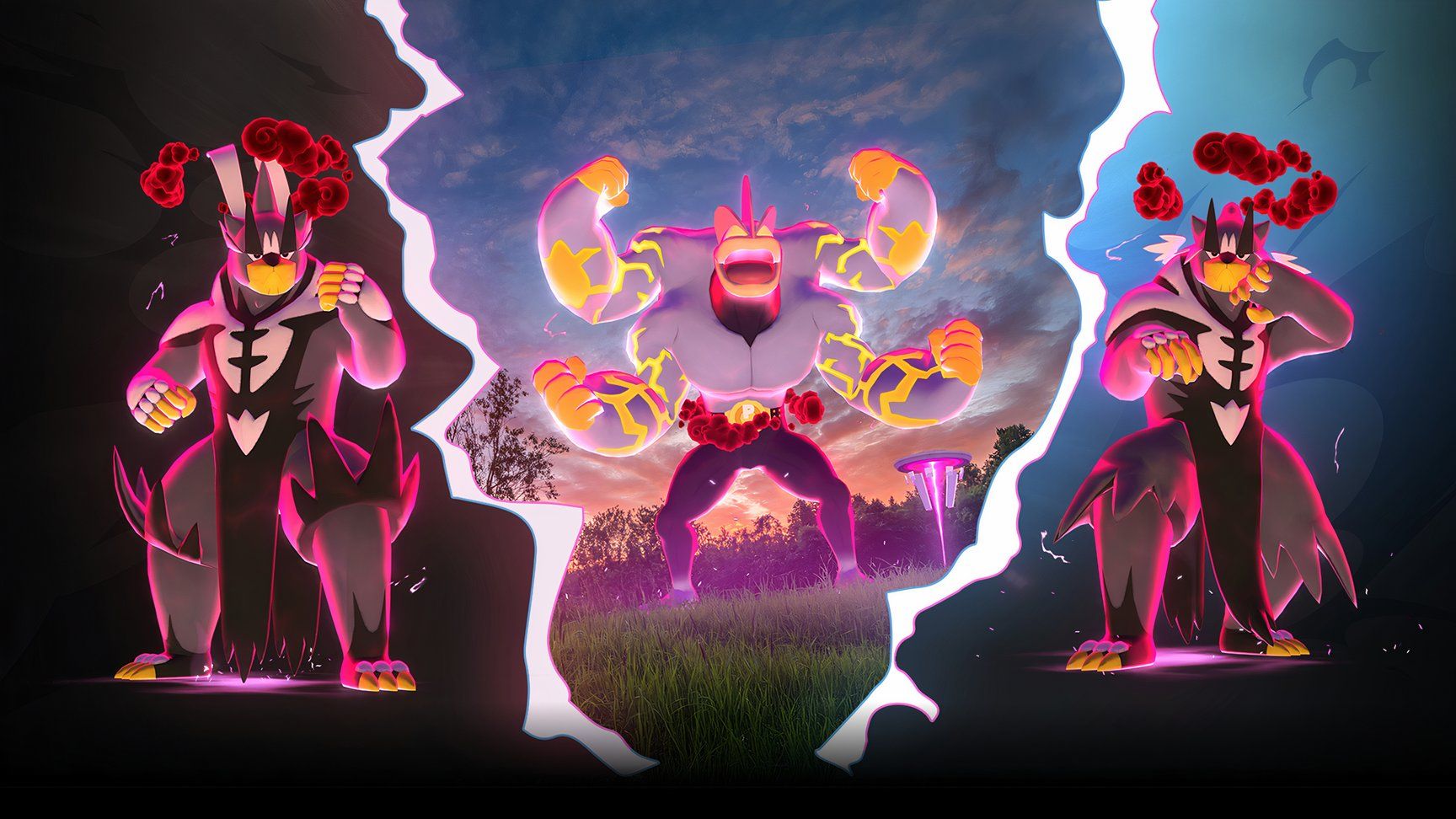 Image of two Dynamax Urshifu with a Gigantamax Machamp in the middle.