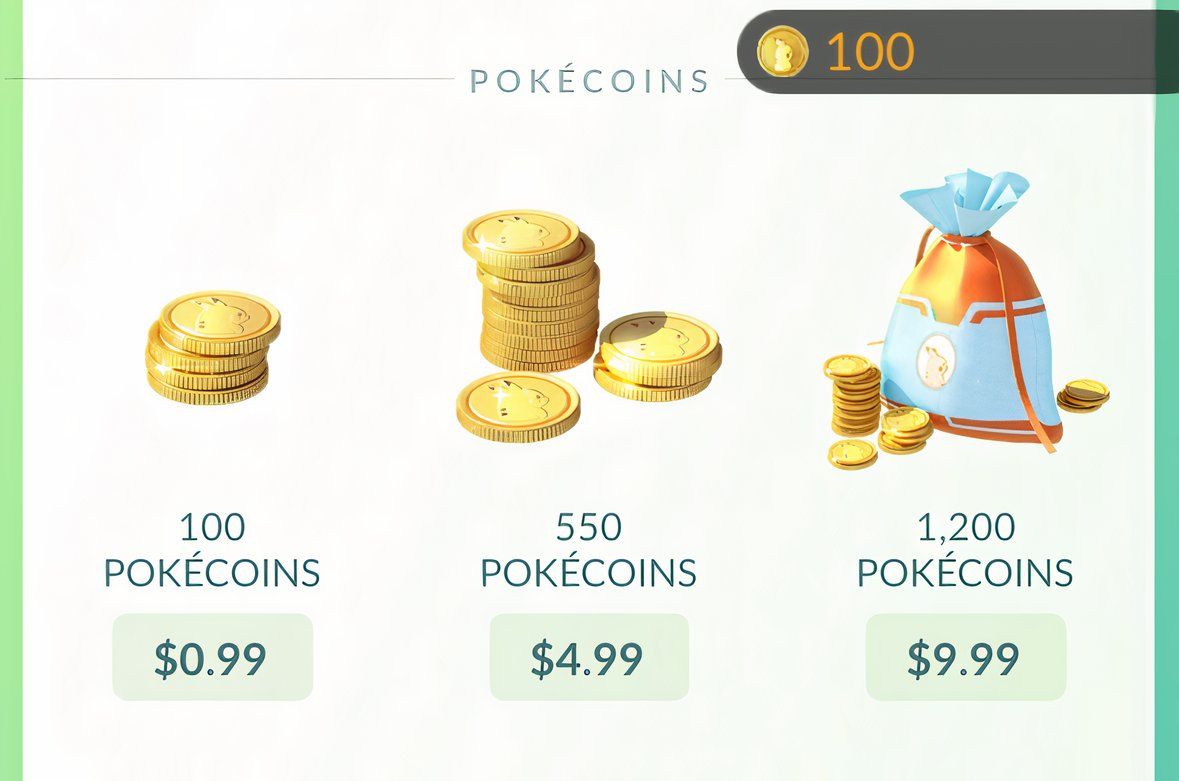 Pokémons are showing 100, 550, and 1,200 Pokikoins from the Pokémon Go Shop.