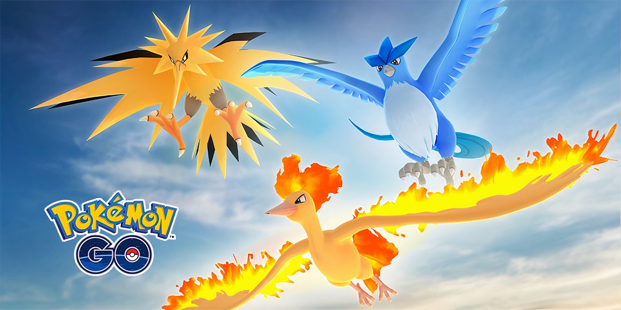 Image of Zapdos, Moltres, and Articuno flying in the sky.