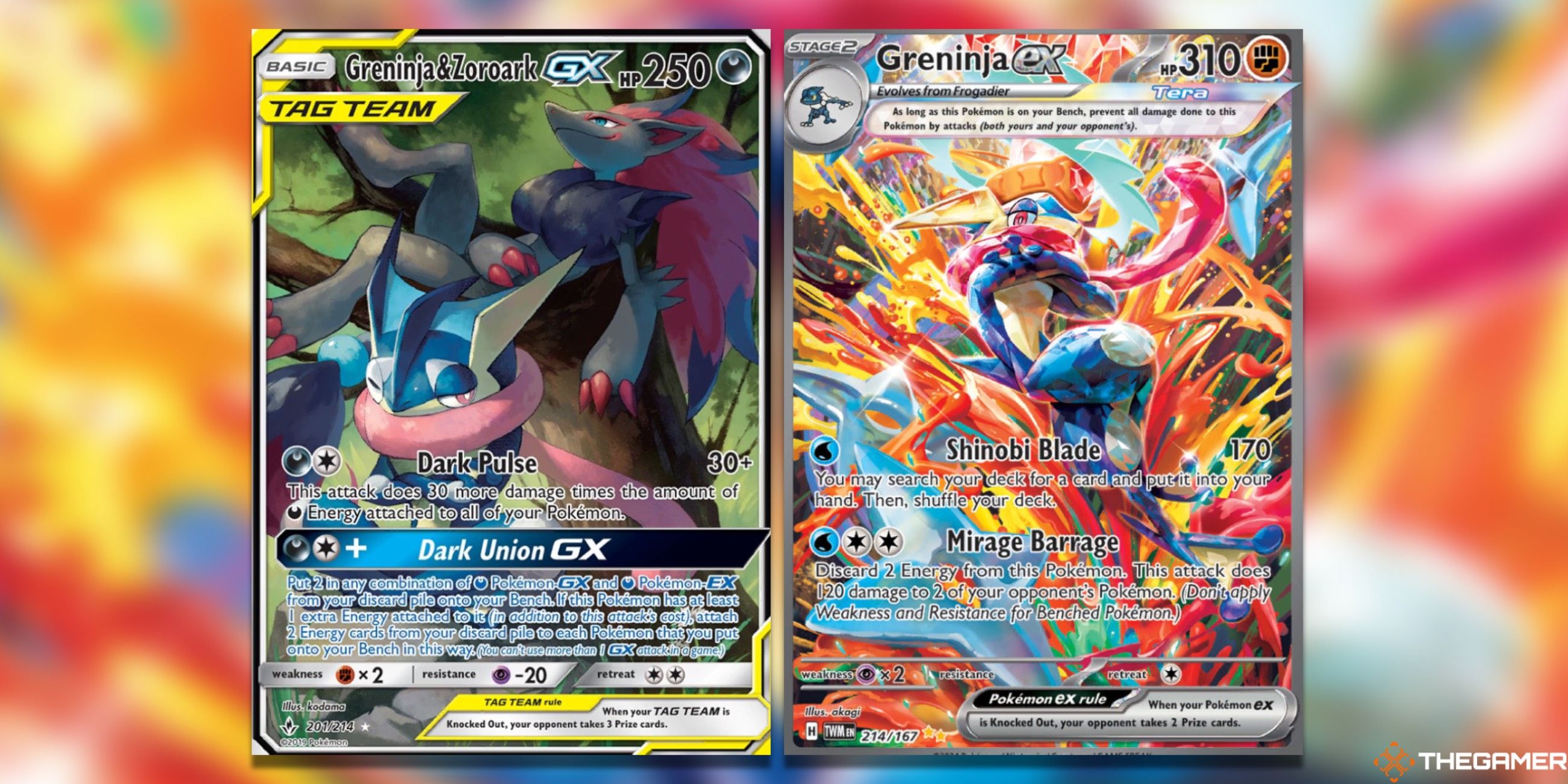 The Greninja & Zoroark GX Alternate Full Art and Greninja ex Special Illustration Rare in the Pokemon TCG.