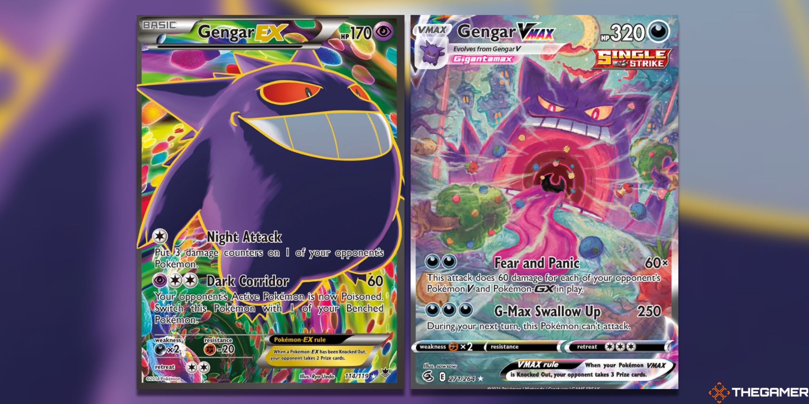 A split image of the Gengar EX from Phantom Forces and the Gengar VMAX from Fusion strike in the Pokemon TCG.