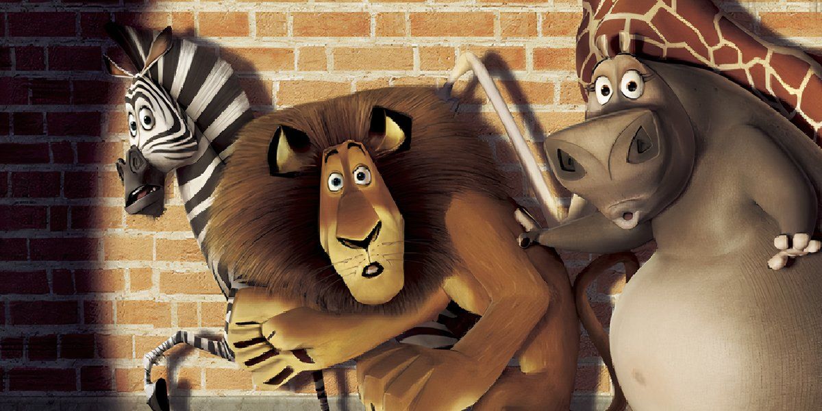 The poster artwork of Madagascar (2005), which features Marti de zebra, Alex Sher and Gloria Hippopotamus.