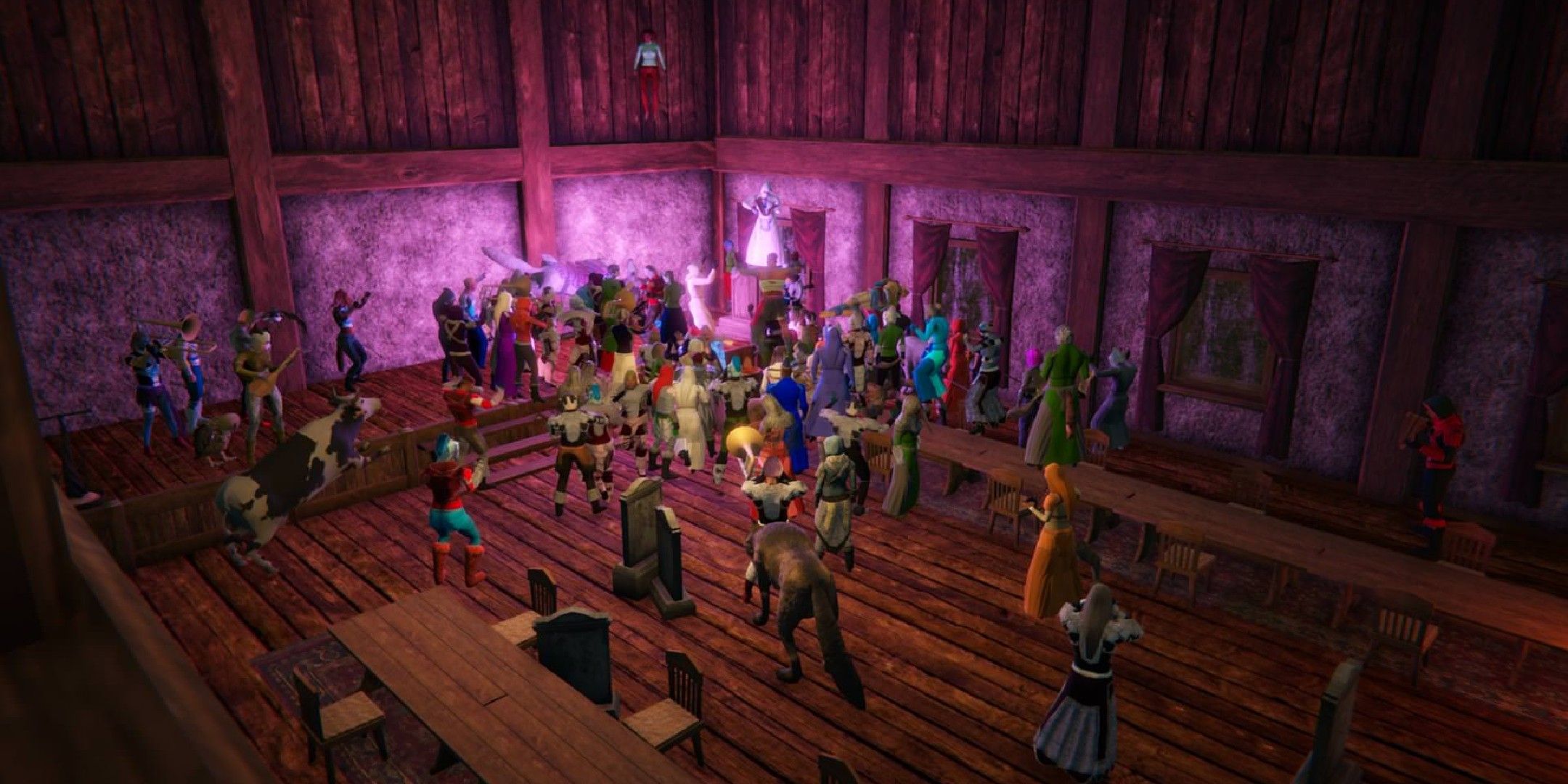Project Gorgon image, which shows that several players have gathered in a inn.