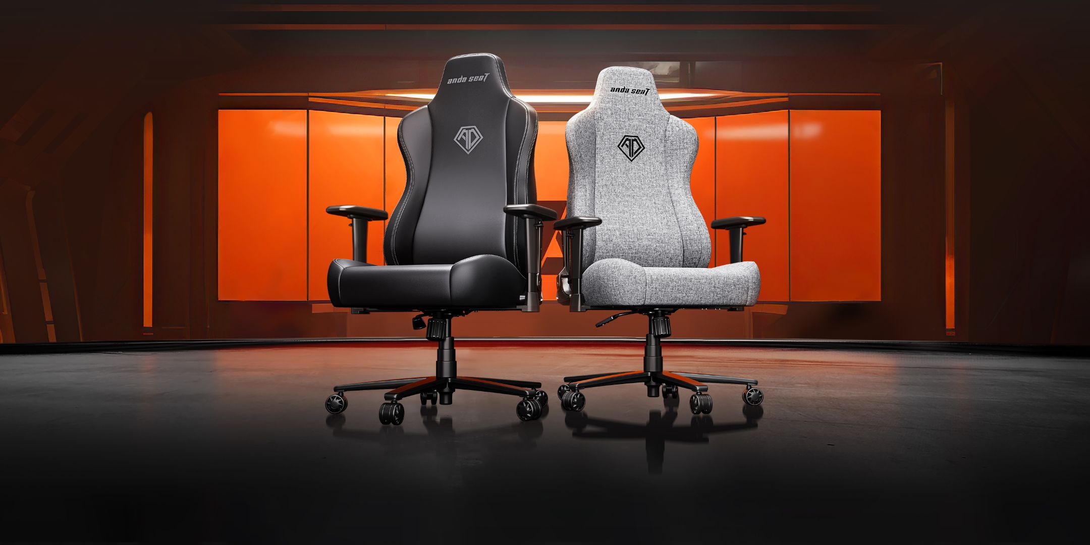 Promo art of the AndaSeat Novis gamer chair in Leather and Fabric on an orange background.