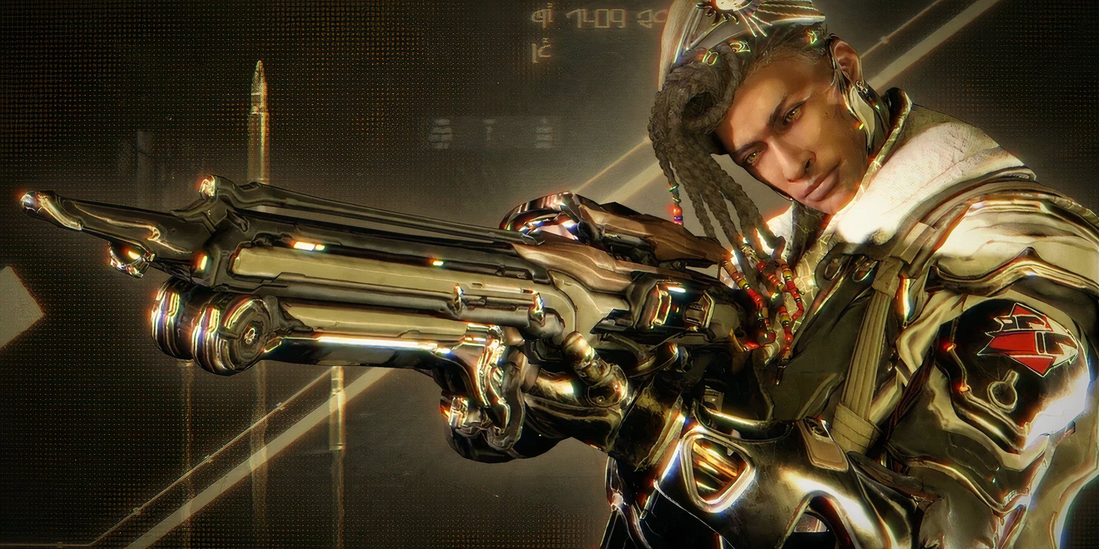 Quincy Issacs points his sniper rifle to the left in Warframe 1999