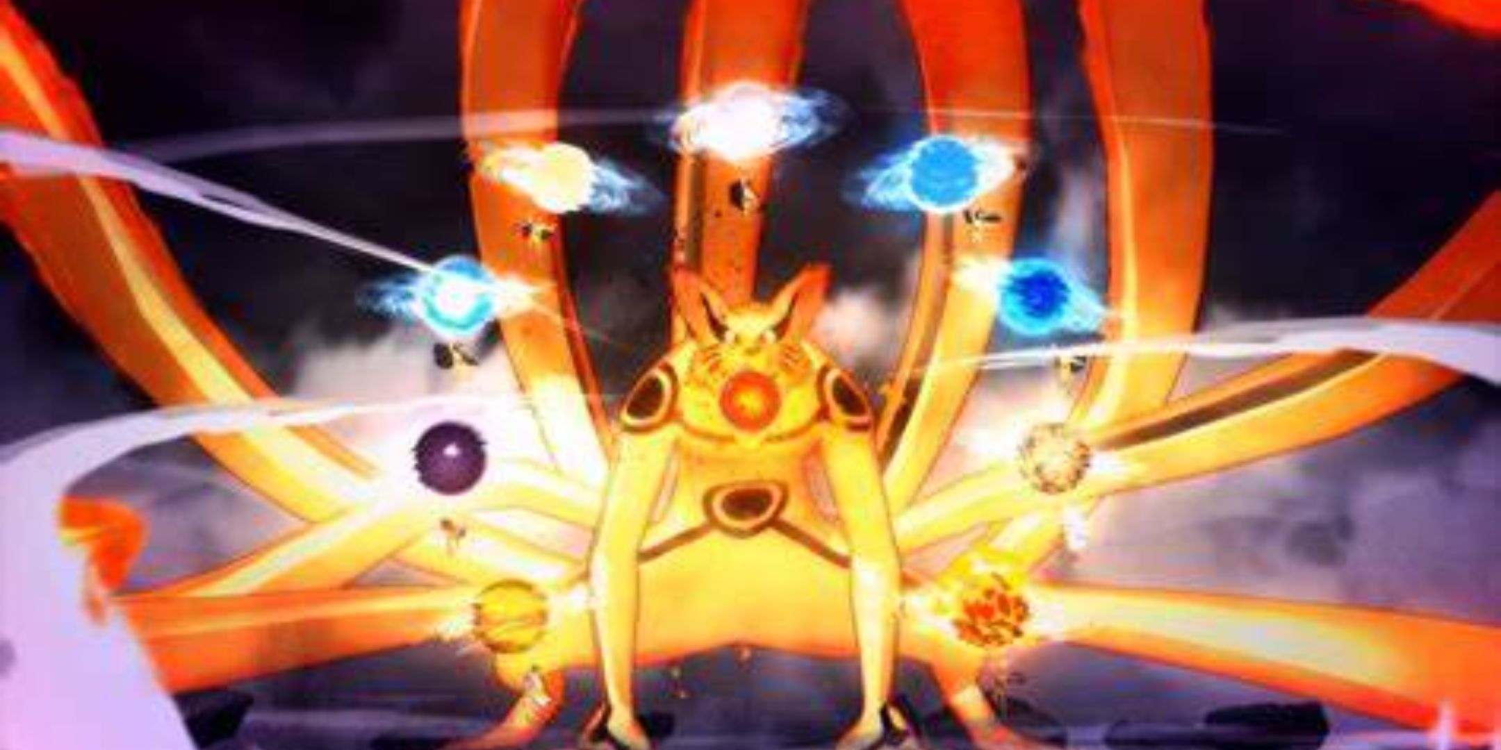 Naruto in his 9-tails form using the rasenshuriken.