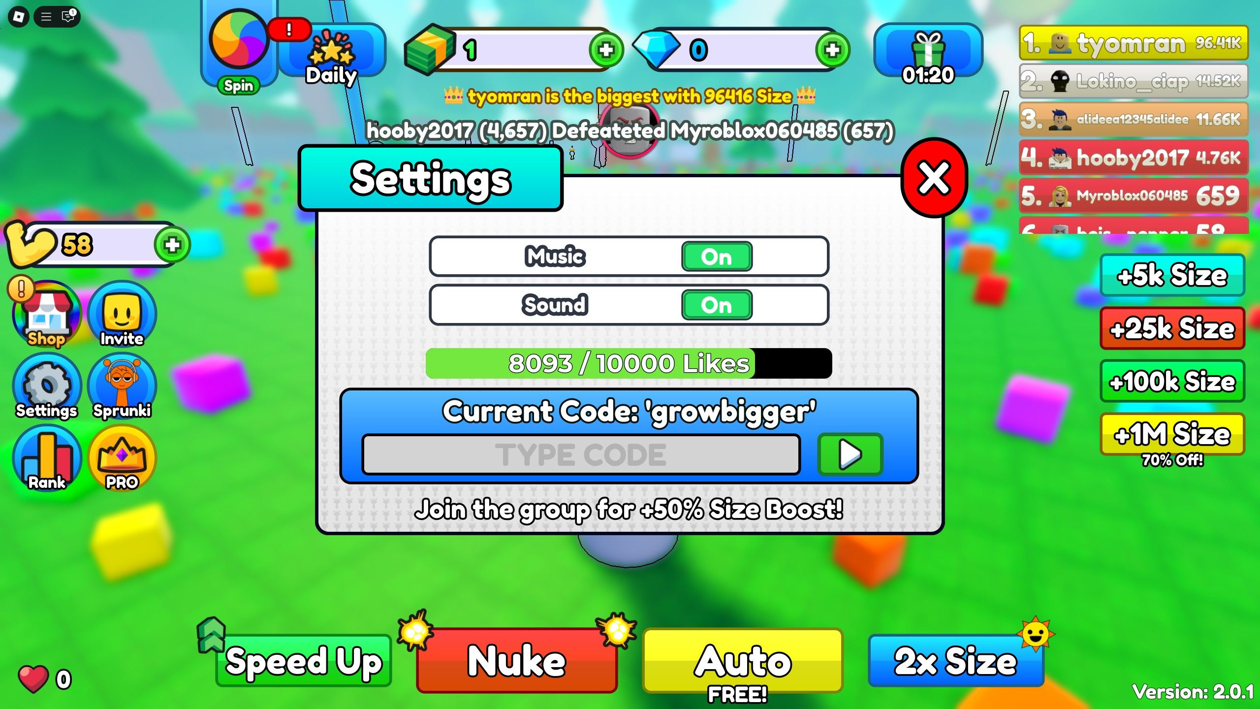 the settings menu in Grow a Sprunki on Roblox