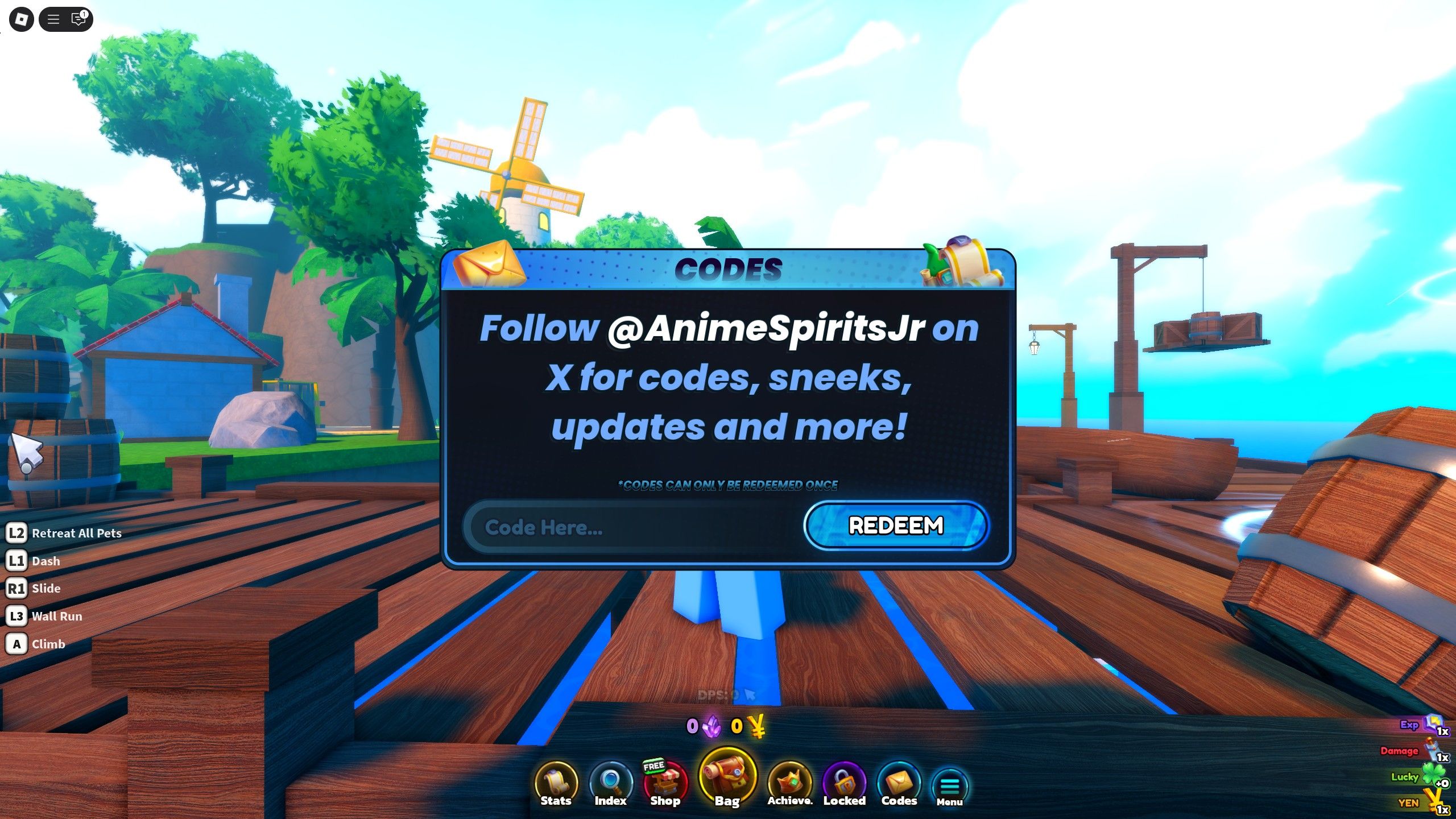 the codes box in Anime Spirits Journey on Roblox