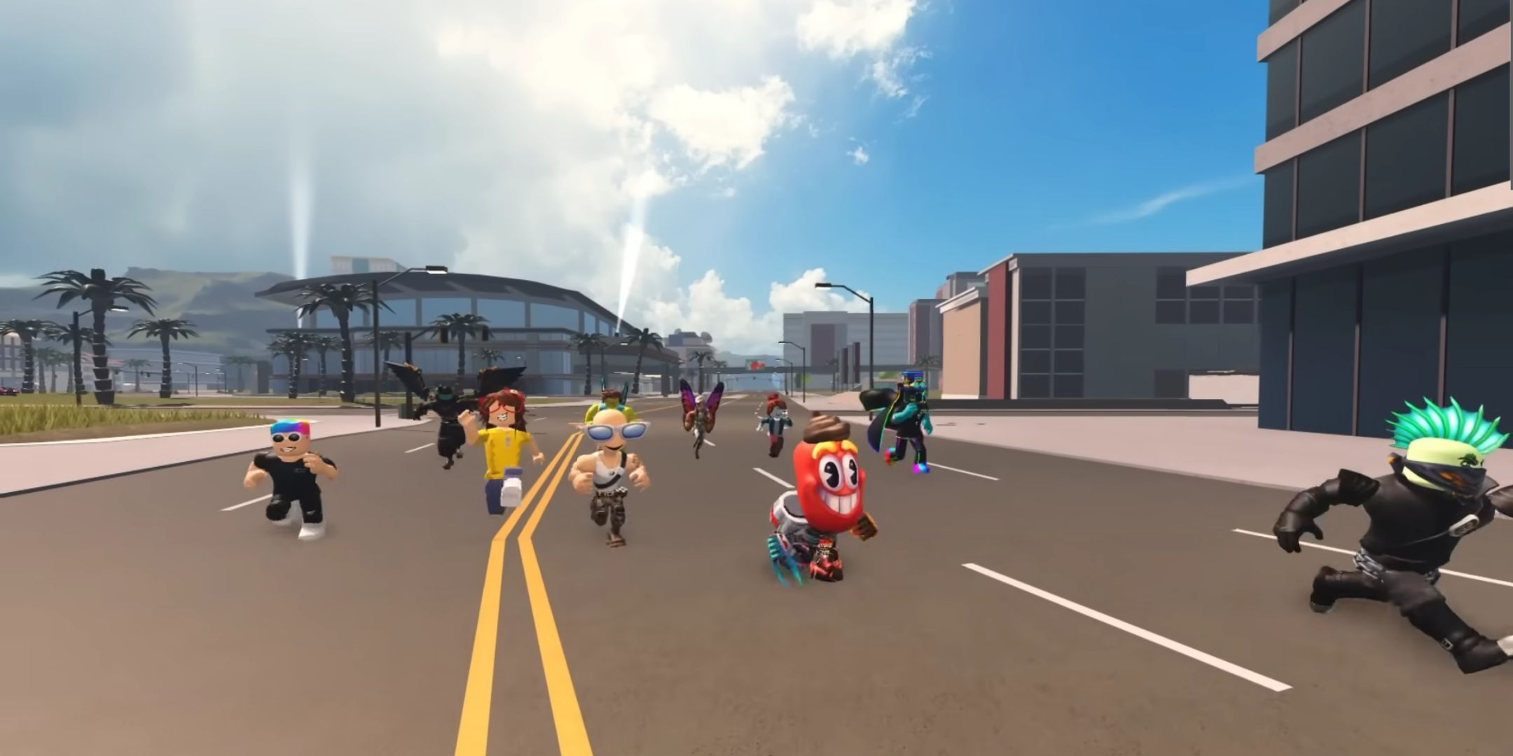 Roblox players running around a city.