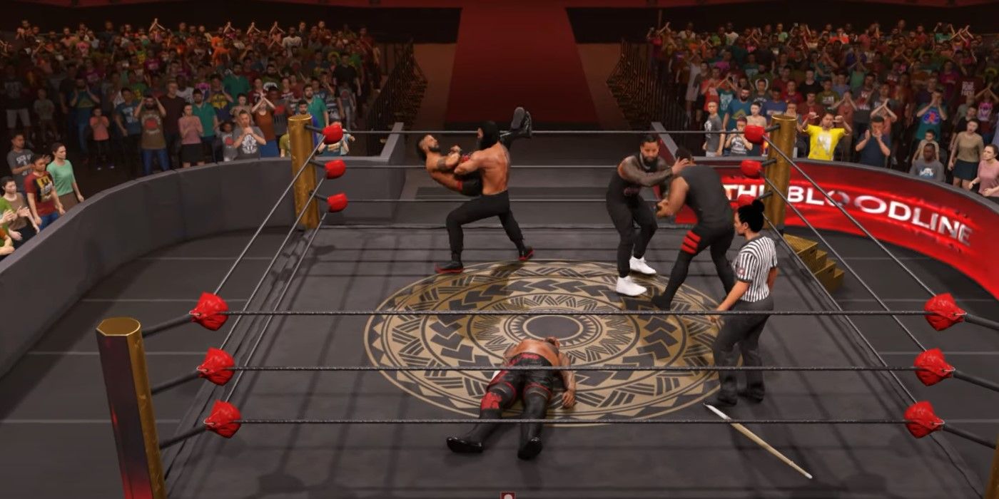 Roman Reigns vs Solo Sikoa Bloodline Rules match in WWE 2K25.
