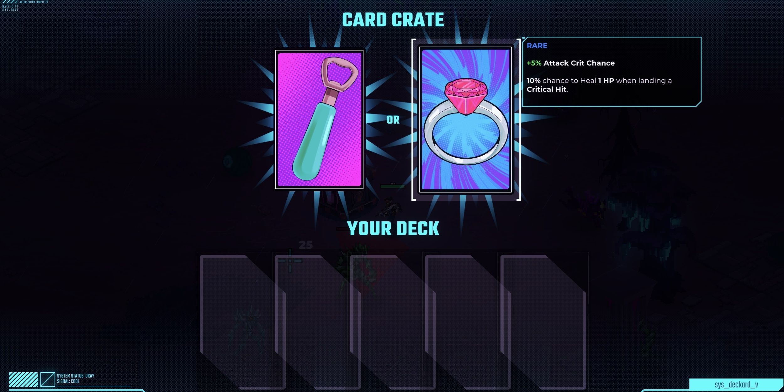 The Card Crate menu with two items on offer: a bottle opener (left) and a ring with a red gem (right) in Sodaman.
