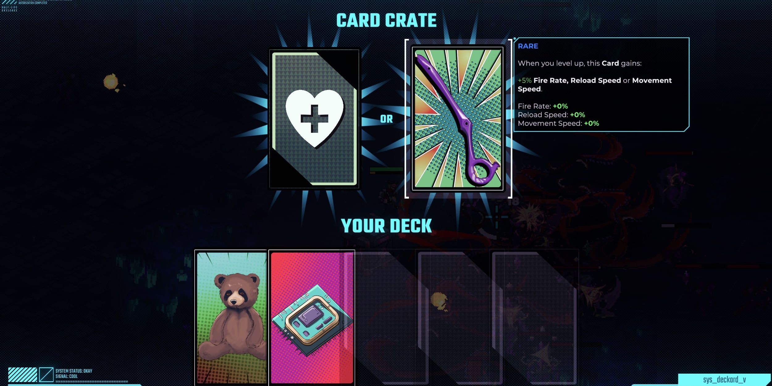 The Card Crate menu featuring two items: a heart with a cross in the middle (left) and a purple blade fashioned of half a pair of scissors (right). At the bottom is a hand of other cards in Sodaman.
