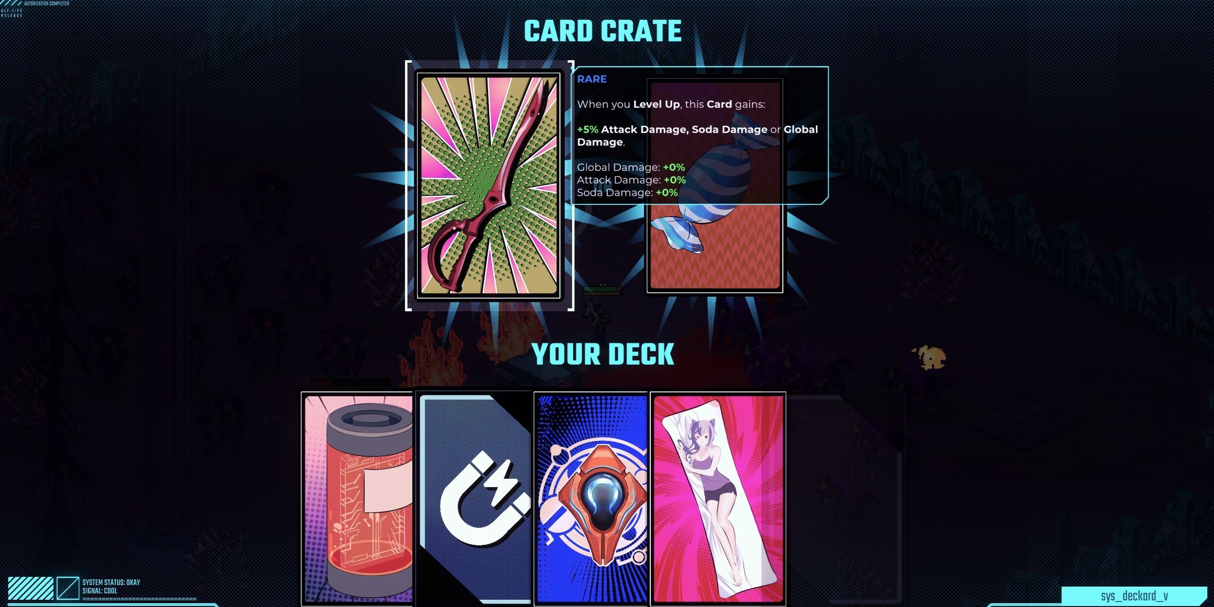The Card Crate menu with two items on offer: a red blade fashioned from half a pair of scissors (left) and a striped candy (right). At the bottom is a hand of other cards in Sodaman.