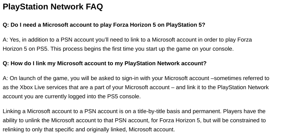 A note confirming that you&rsquo;ll need a Microsoft account for Forza Horizon 5 on PS5.