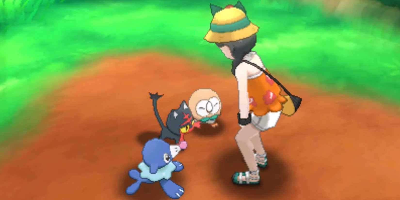 Selene meeting Popplio, Littleo and Rowlet in Pokemon Ultra Sun Ultra Moon.