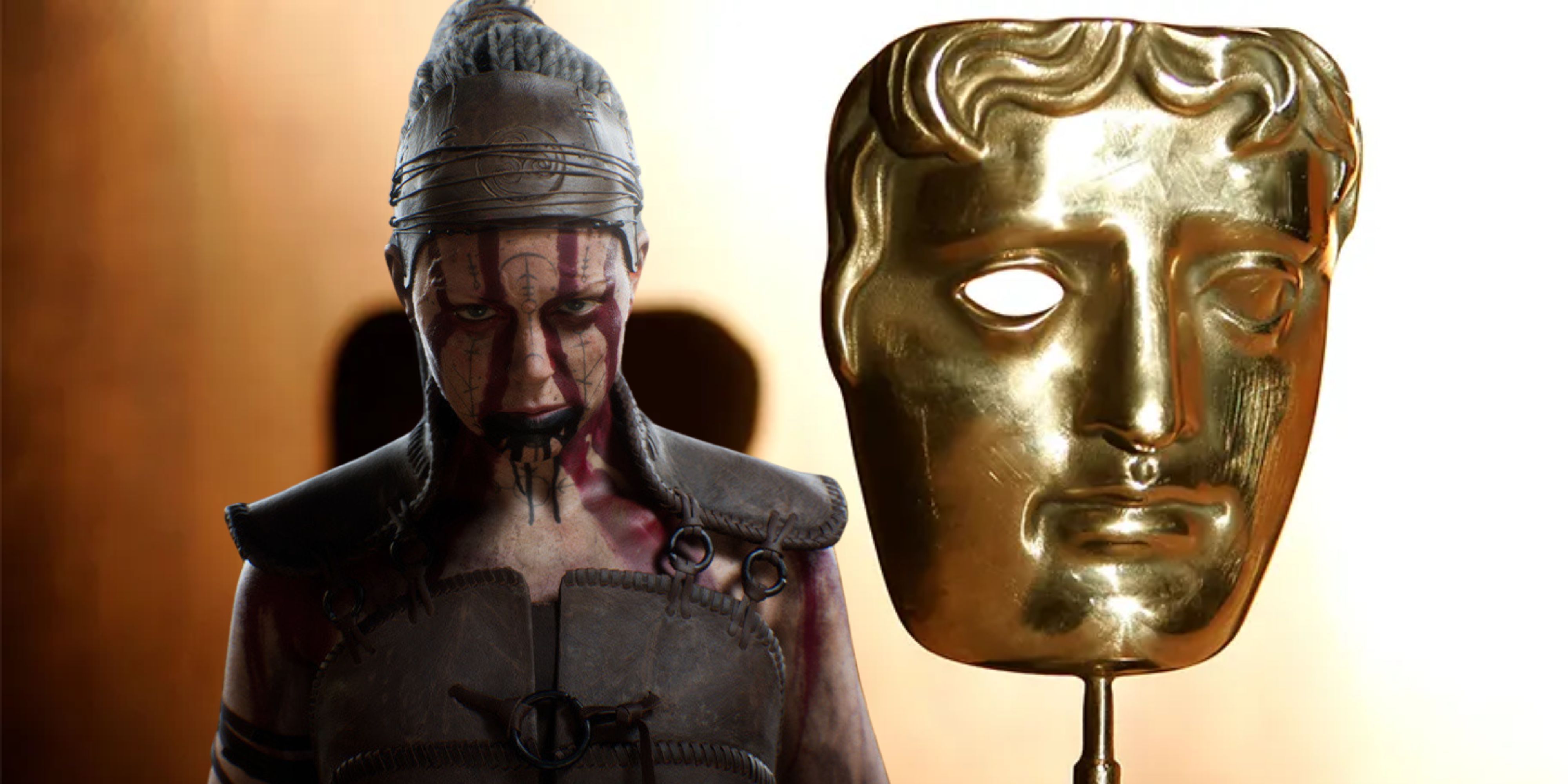 Senua from Hellblade next to a BAFTA