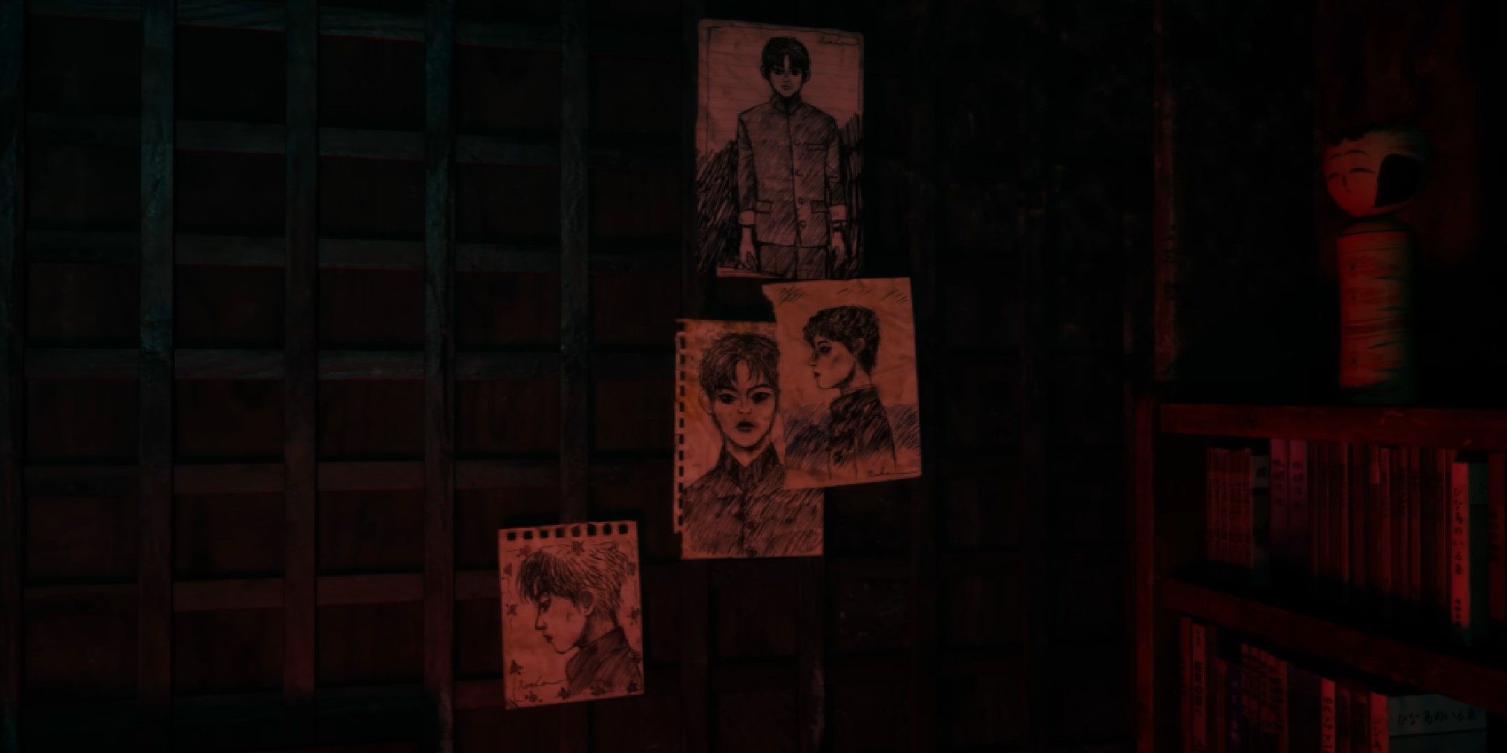 Silent Hill f image showing drawings of a boy.