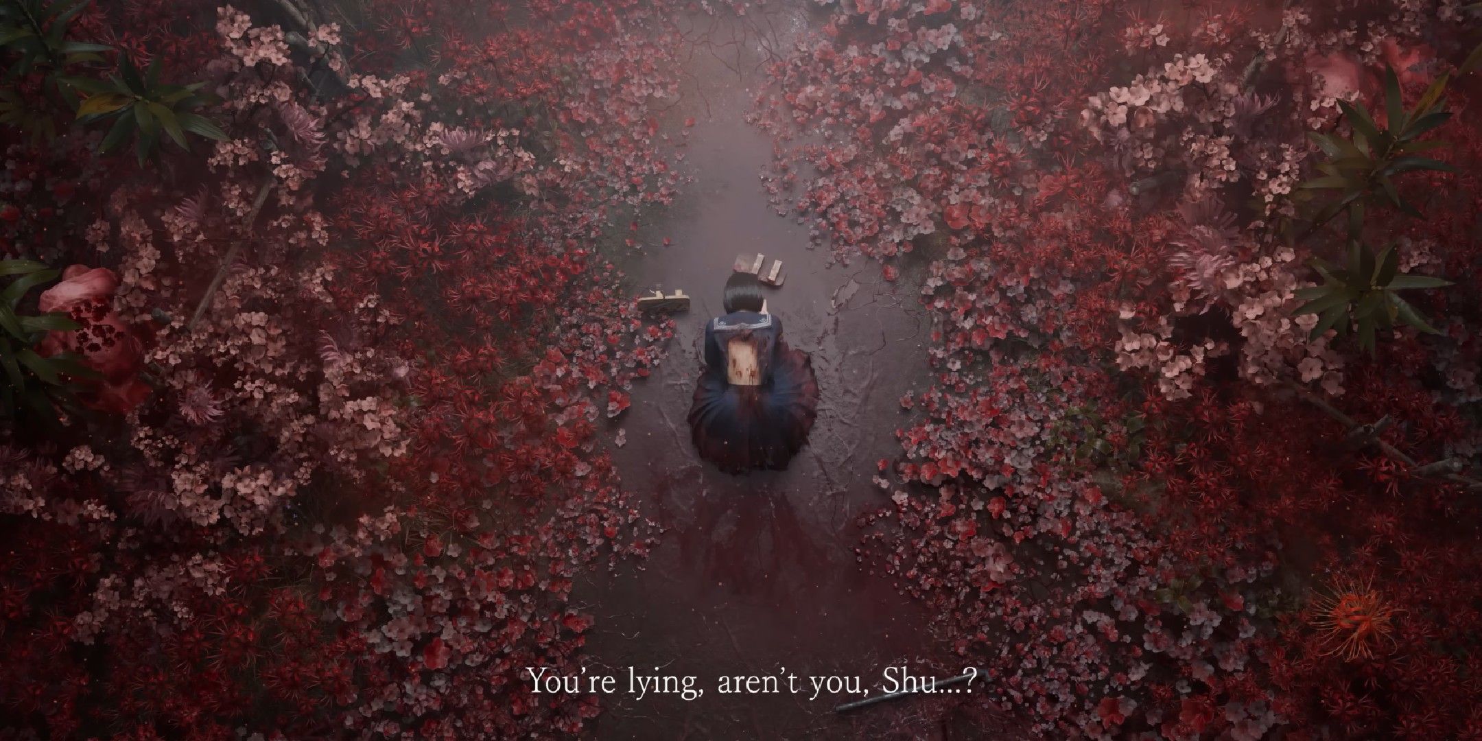 Silent Hill f image showing Hinako while the subtitles mention Shu.