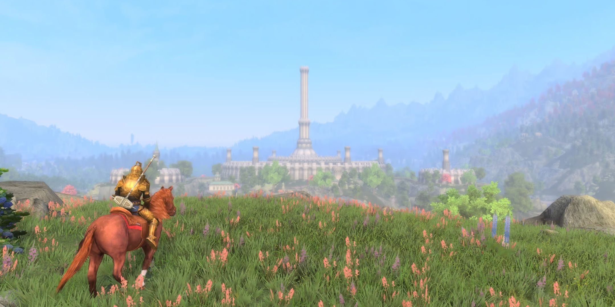 A landscape from Skyblivion, showing a person riding a horse in a field. A city can be seen in the distance