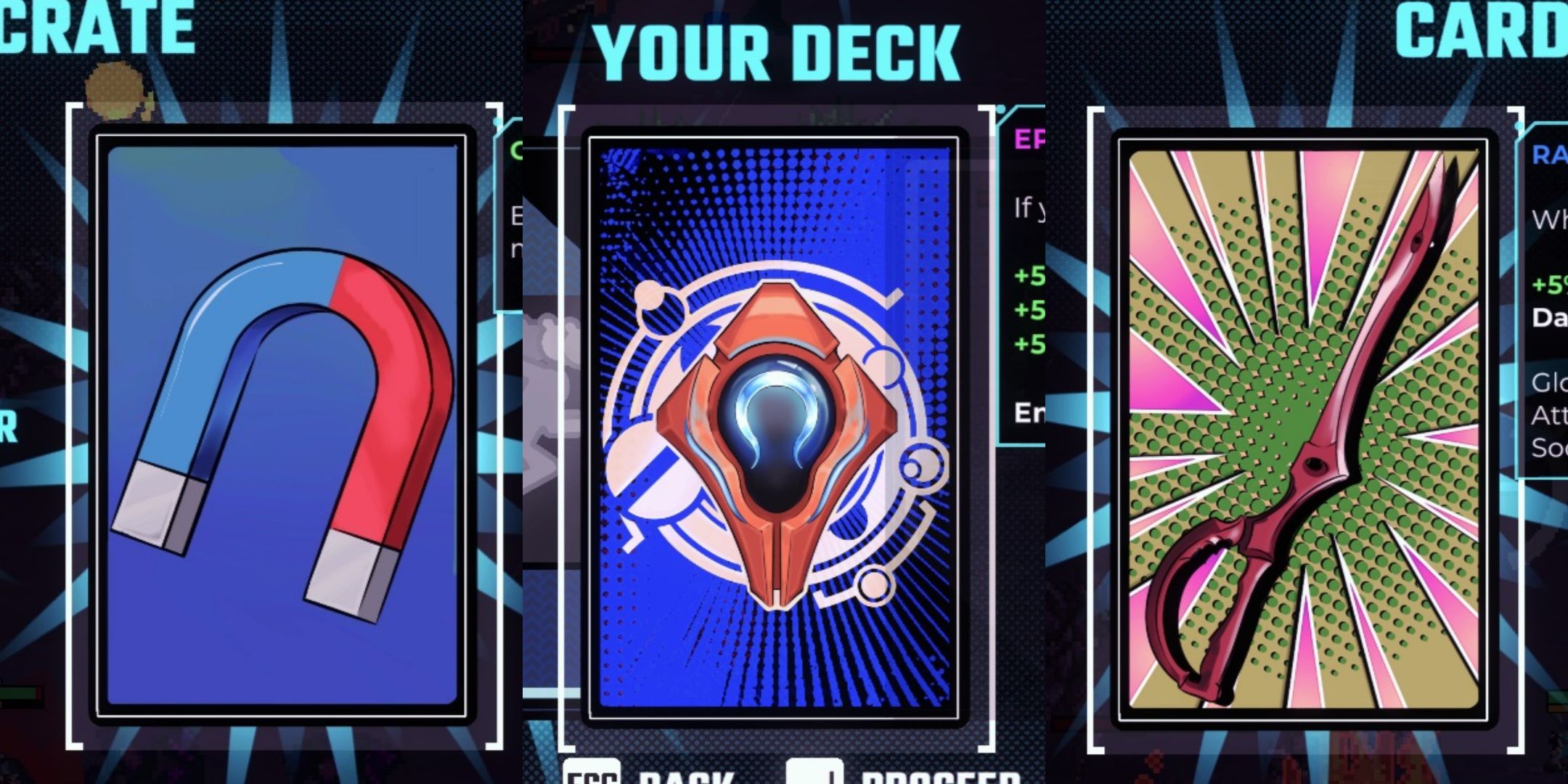 Three cards (left to right): A magnet, an alien shield, and a scissor blade in Sodaman.