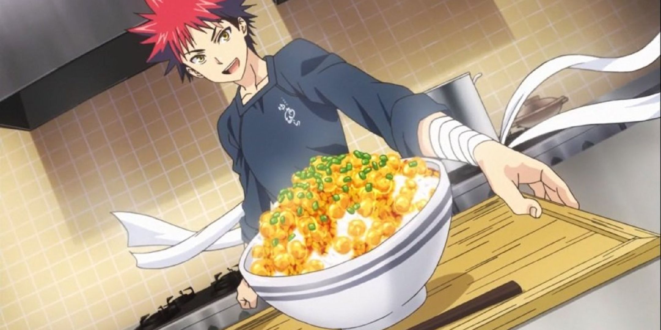 Soma from Food Wars presenting a dish.